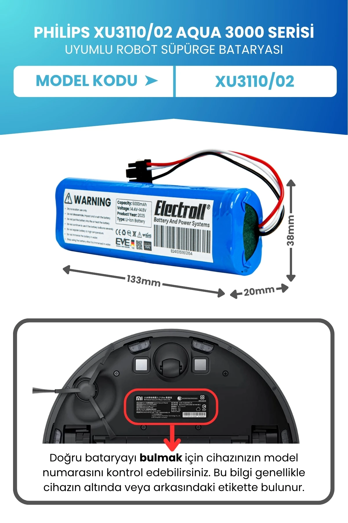 Philips Xu3110/02 Aqua 3000 Serisi Uyumlu Batarya (STANDART KAPASİTE) 5000mah Robot Süpürge Pili