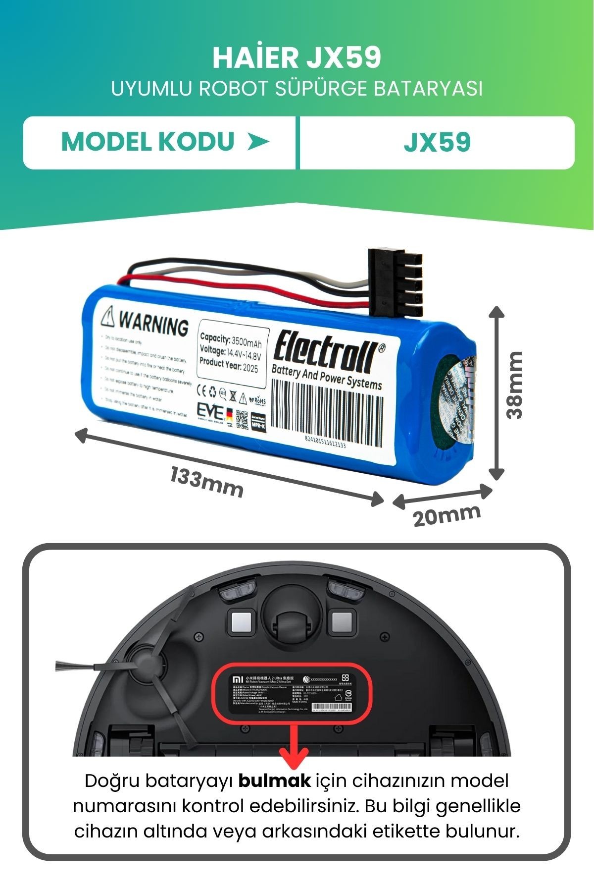Haier Jx59 Uyumlu Batarya (ULTRA YÜKSEK KAPASİTE) 3500mah Pil Robot Süpürge Bataryası Değişimi