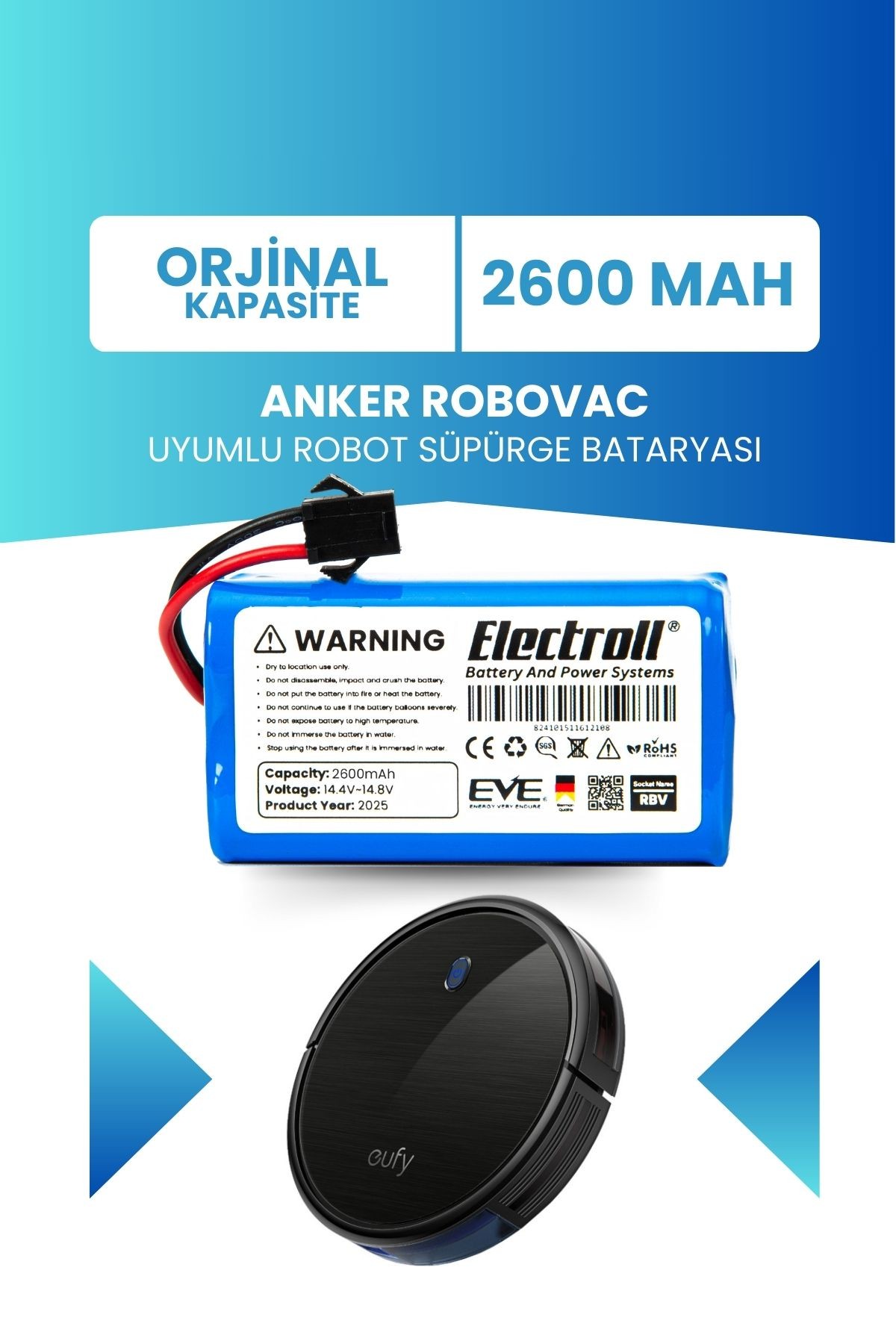 Anker Robovac Batarya (ORJİNAL KAPASİTE) 2.600mah Pil Akıllı Robot Süpürge Batarya Değişimi
