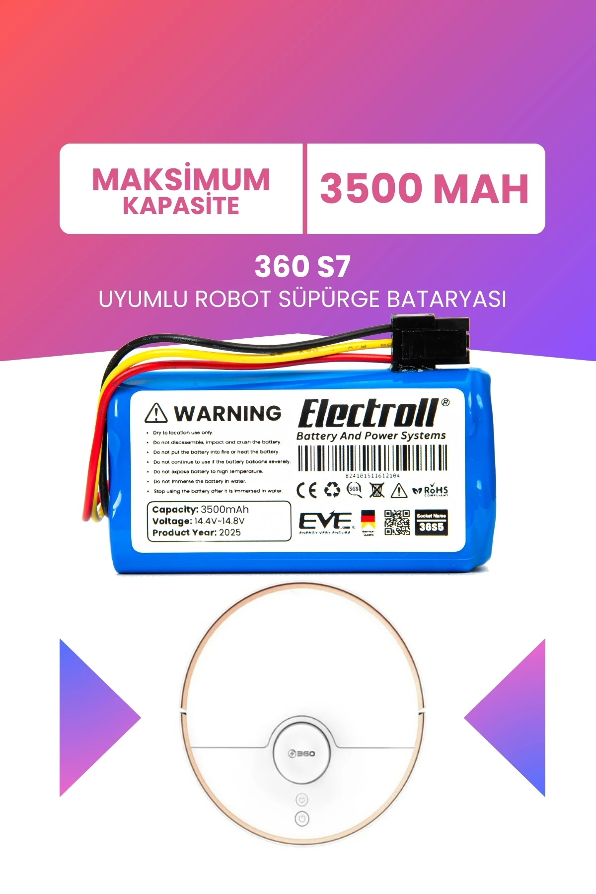 360 S7 Batarya (MAKSİMUM KAPASİTE) 3500mah Pil Akıllı Robot Süpürge Batarya Değişimi
