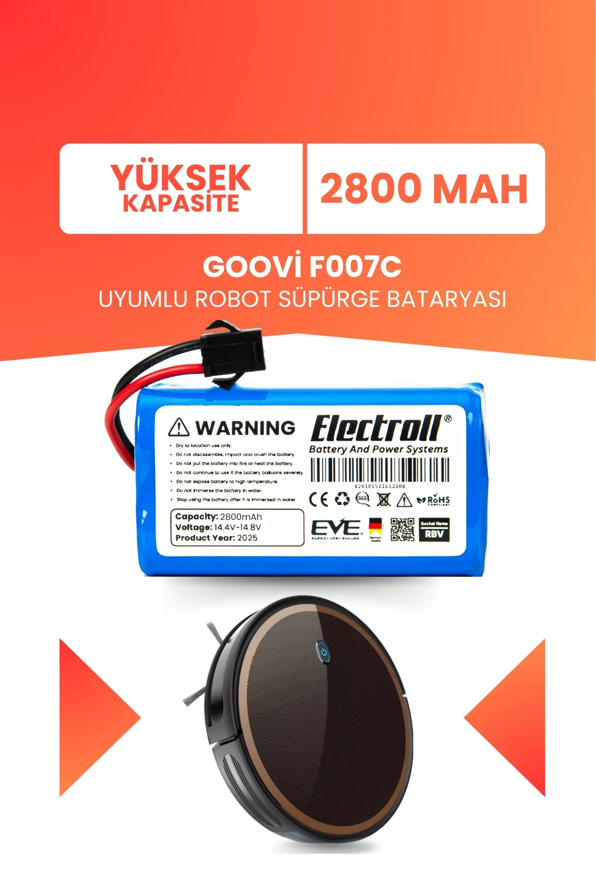 Goovi F007c Uyumlu Batarya (YÜKSEK KAPASİTE) 2800mah Pil Robot Süpürge Bataryası