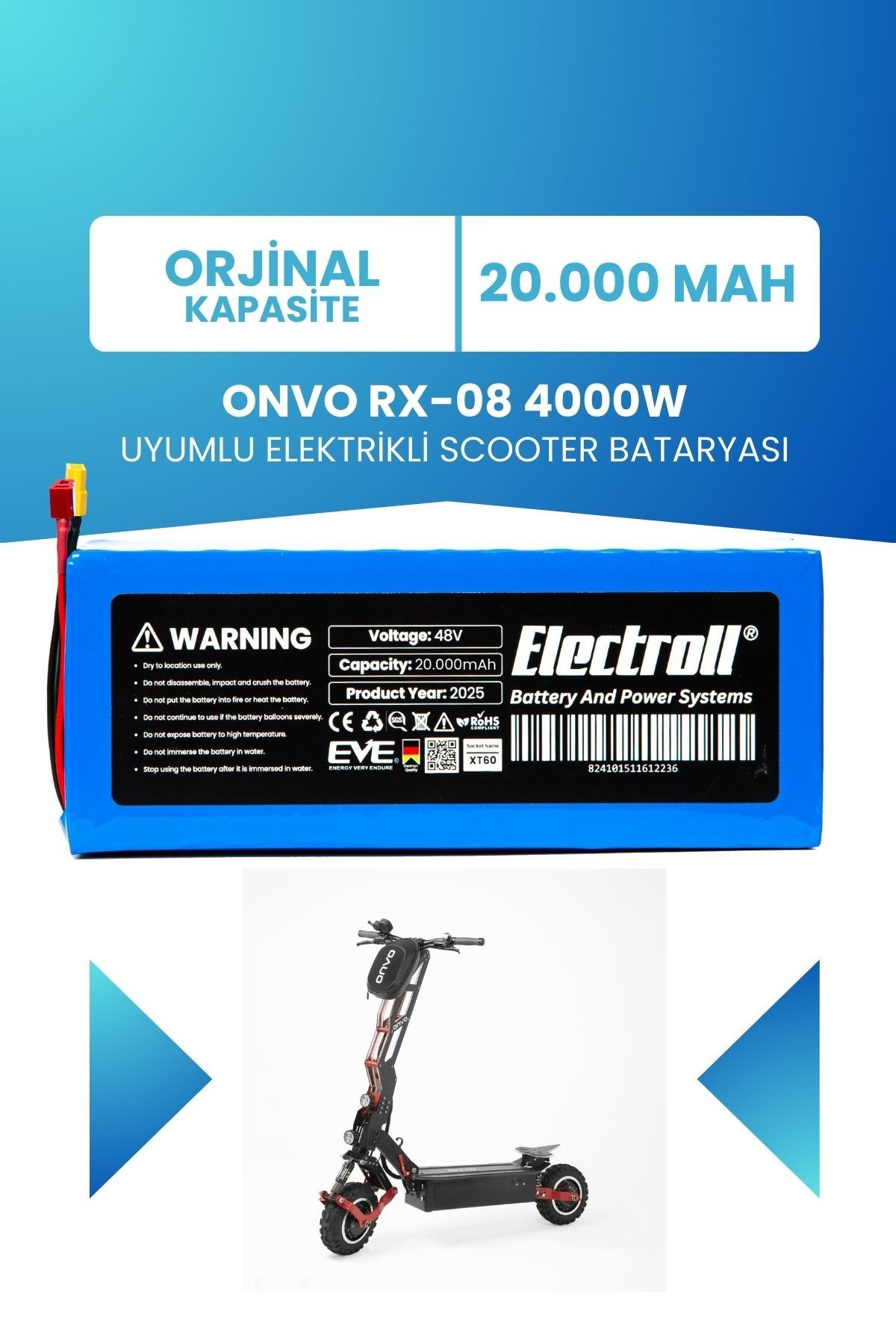 ONVO RX-08 4000W 60V 20AH Elektrikli Scooter Bataryası