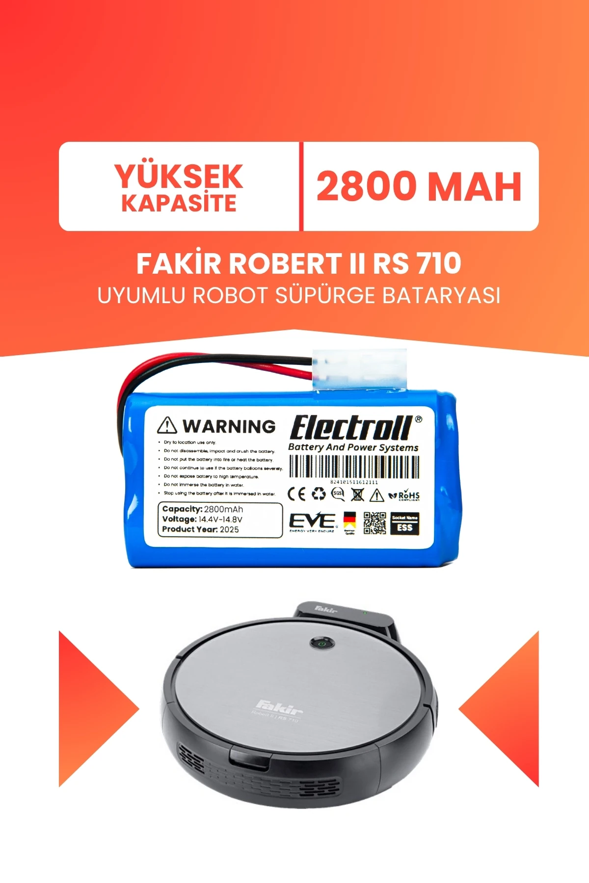Fakir Robert Iı Rs 710 Uyumlu Batarya (YÜKSEK KAPASİTE) 2800mah Pil Robot Süpürge Bataryası