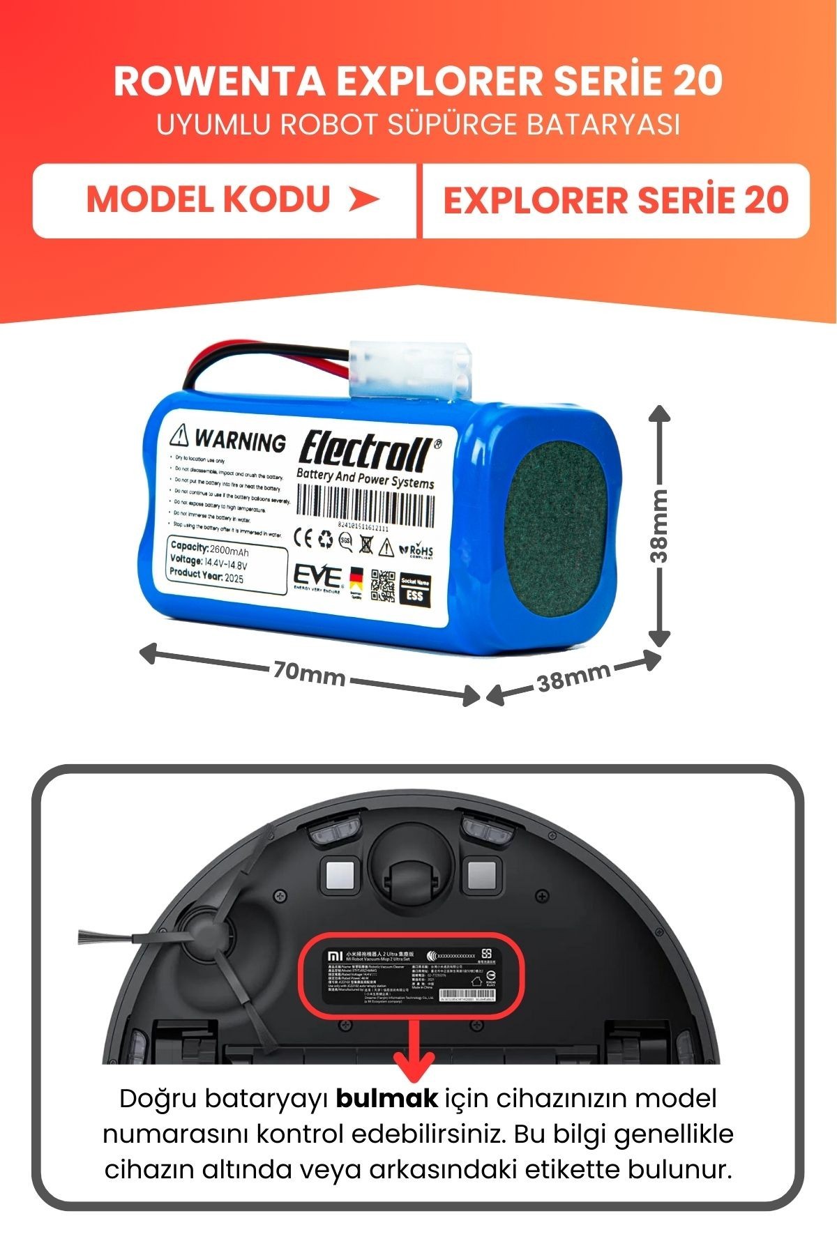 Rowenta Explorer Serie 20 Uyumlu Batarya (YÜKSEK KAPASİTE) 2600mah Pil Robot Süpürge Batarya