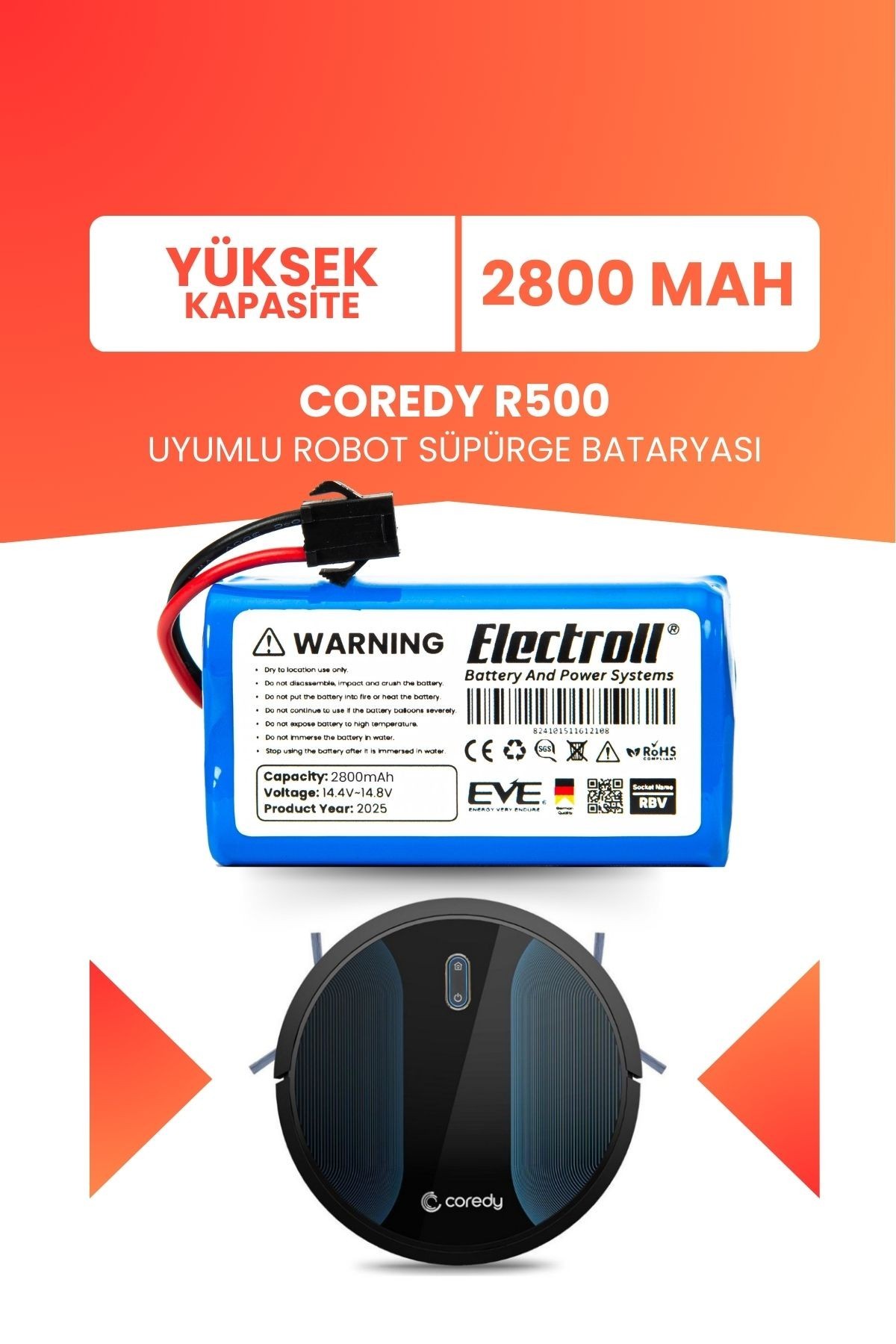 Coredy R500 Uyumlu Batarya (YÜKSEK KAPASİTE) 2800mah Pil Akıllı Robot Süpürge Bataryası