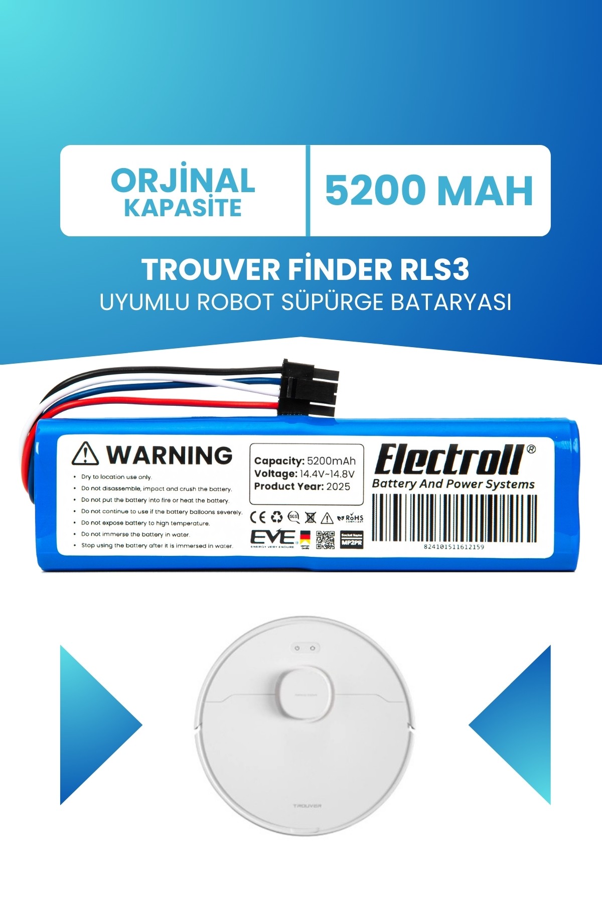Trouver Finder RLS3 Uyumlu Batarya (STANDART KAPASİTE) 5200mah Robot Süpürge Bataryası