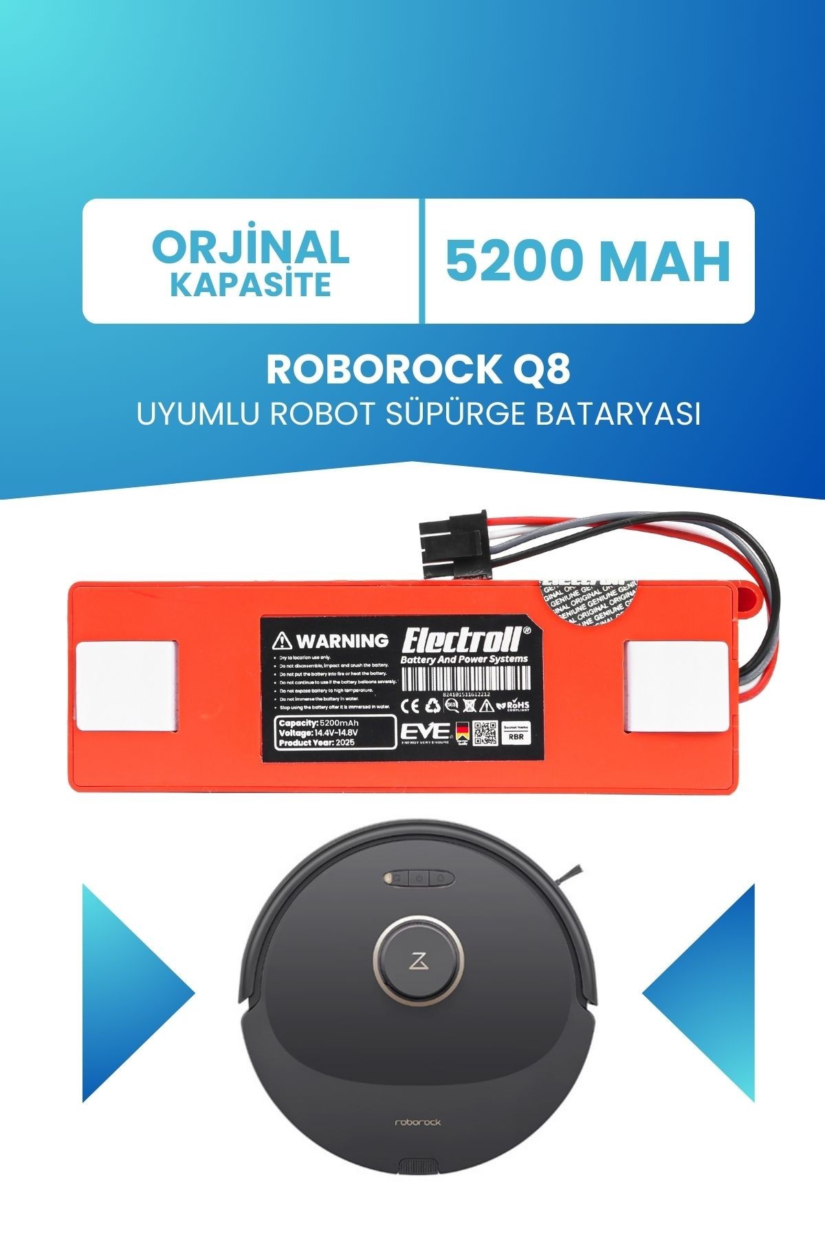 Roborock Q8 Uyumlu Batarya (ORJİNAL KAPASİTE) 5200mah Pil Kutulu Robot Süpürge Bataryası Değişimi