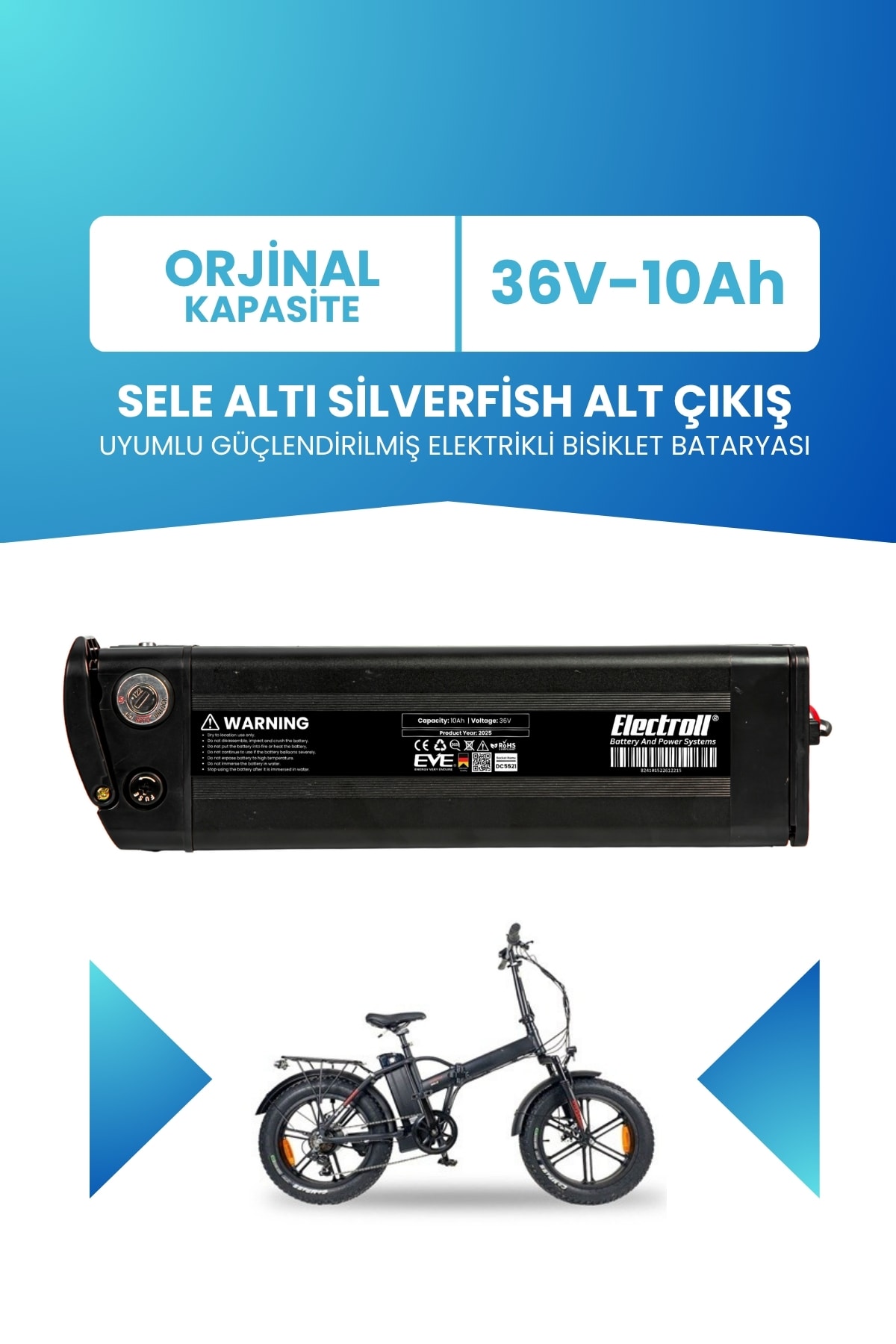 Sele Altı Silverfish Alt Çıkış Uyumlu Güçlendirilmiş Elektrikli Bisiklet Bataryası