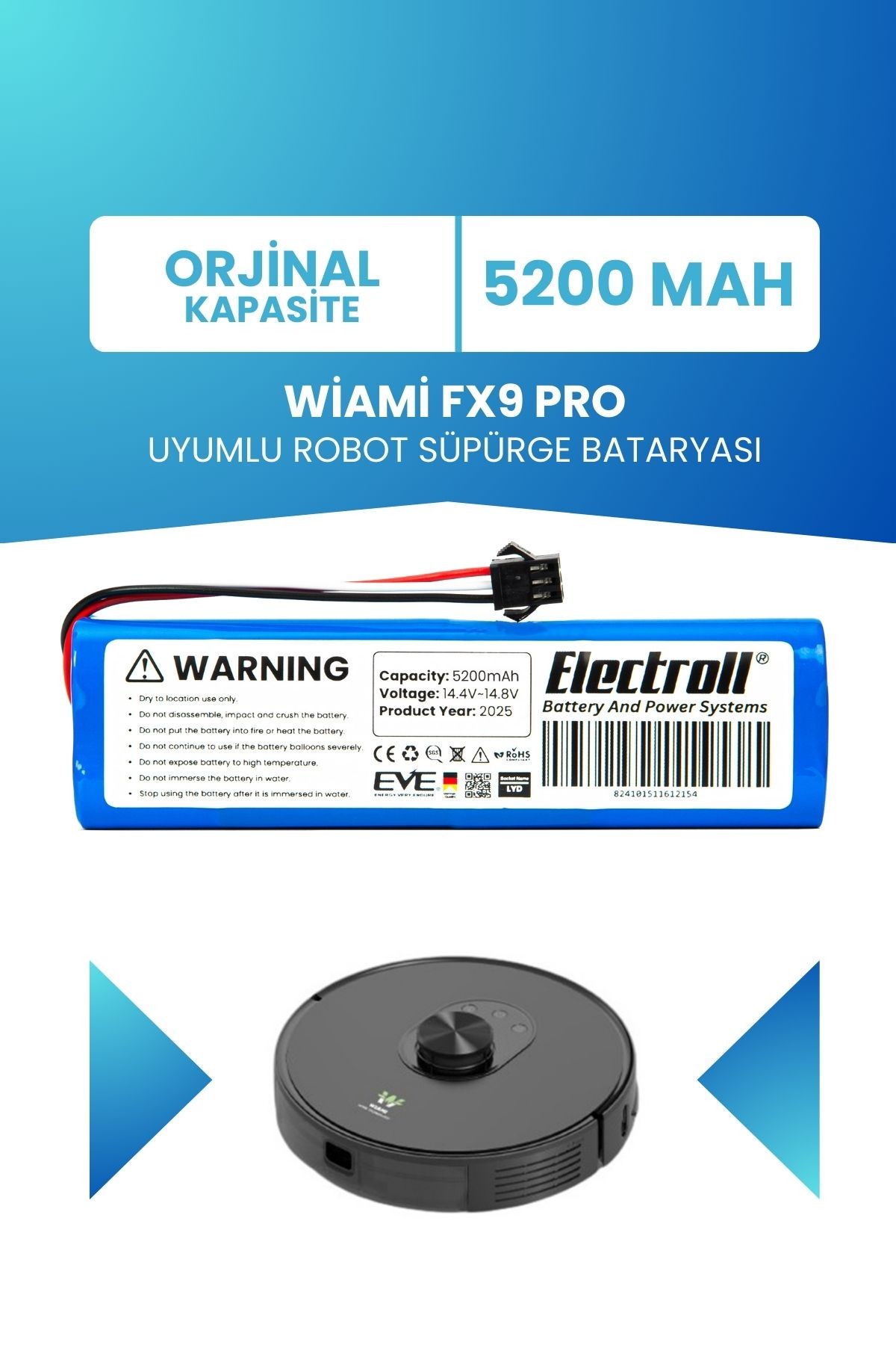Wiami Fx9 Pro Uyumlu Batarya (ORJİNAL KAPASİTE) 5200mah Pil Robot Süpürge Bataryası Değişimi