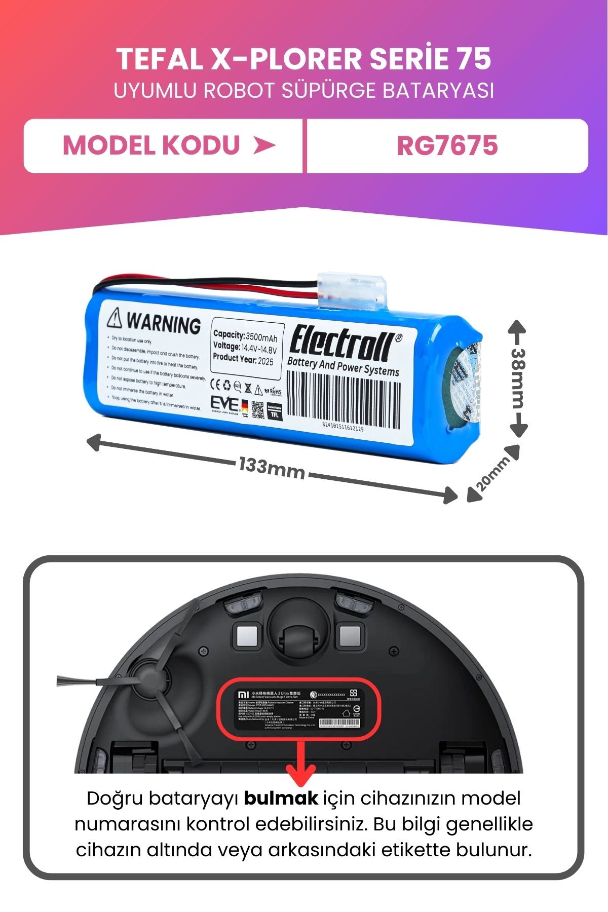 Tefal X-plorer Serie 75 Uyumlu Batarya (MAKSİMUM KAPASİTE) 3500mah Pil Robot Süpürge Bataryası
