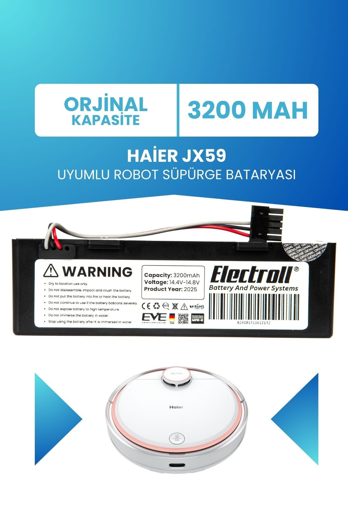 Haier Jx59 Uyumlu Batarya (ORJİNAL KAPASİTE) 3200mah Pil Kutulu Robot Süpürge Bataryası Değişimi