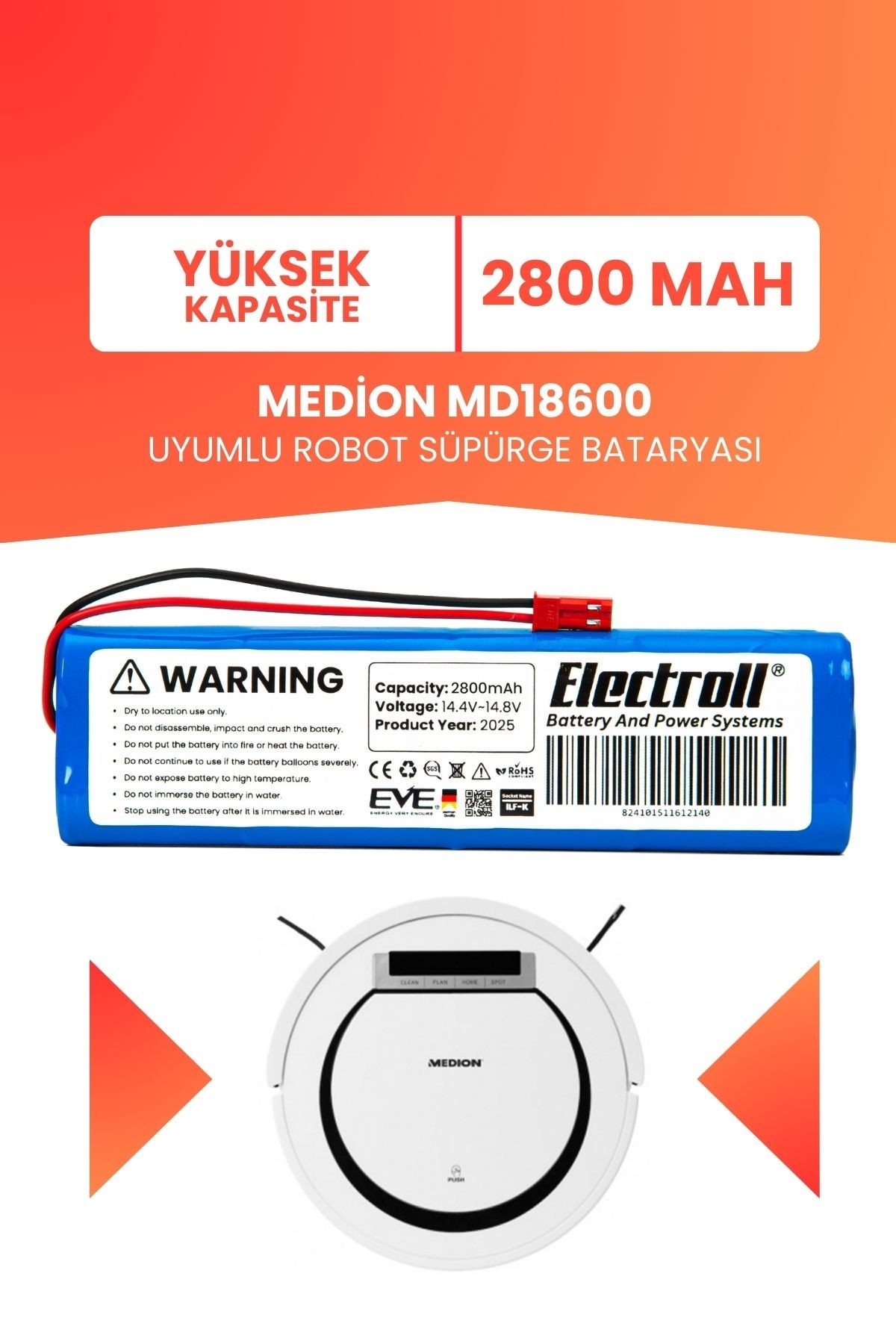 Medion Md18600 Uyumlu Batarya (YÜKSEK KAPASİTE) 2800mah Pil Robot Süpürge Bataryası Değişimi