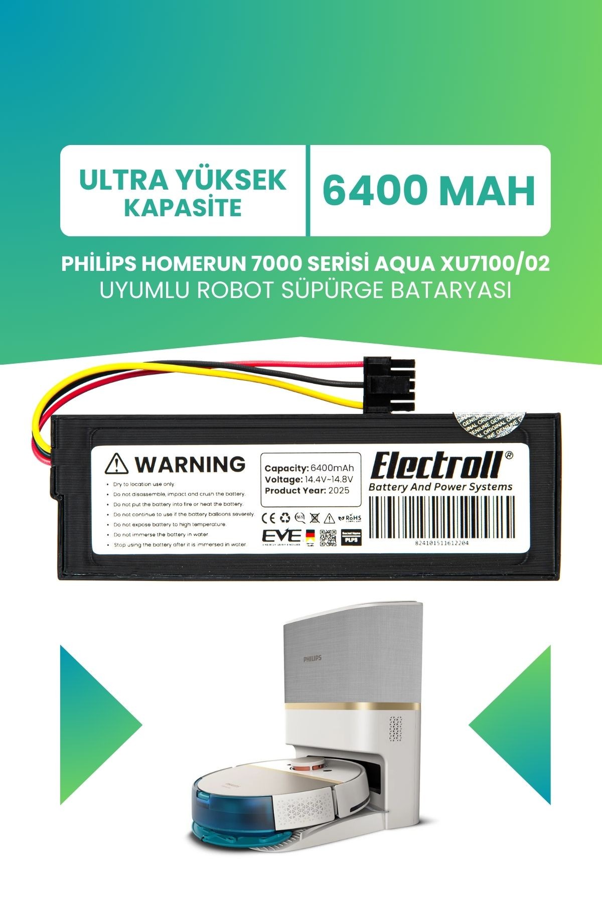 Philips Homerun 7000 Serisi Aqua Xu7100/02 Batarya (ULTRA YÜKSEK KAPASİTE) 6400mah Robot Süpürge Pil
