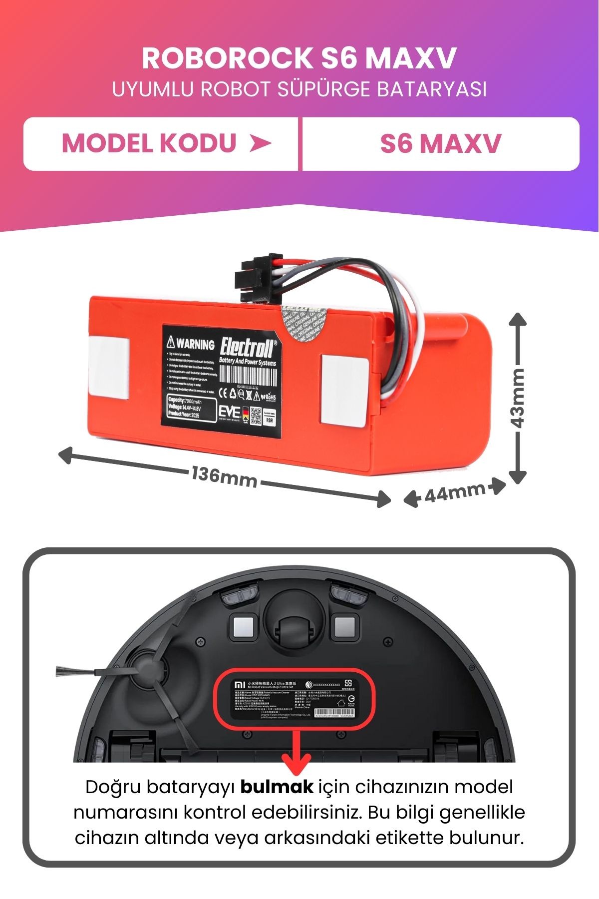 Roborock S6 Maxv Uyumlu Batarya (MAKSİMUM KAPASİTE) 7000mah Kutulu Robot Süpürge Pil Değişimi