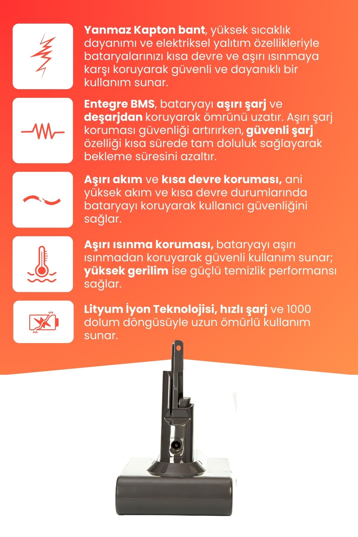 Dyson V7 Mattress Uyumlu Batarya (YÜKSEK KAPASİTE) 21.6 V 2800mah Dikey Süpürge Bataryası