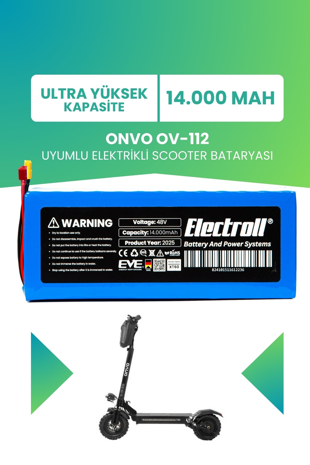 ONVO OV-112 (Ultra Yüksek Kapasite) Batarya 48v 14ah Pil Elektrikli Scooter Bataryası