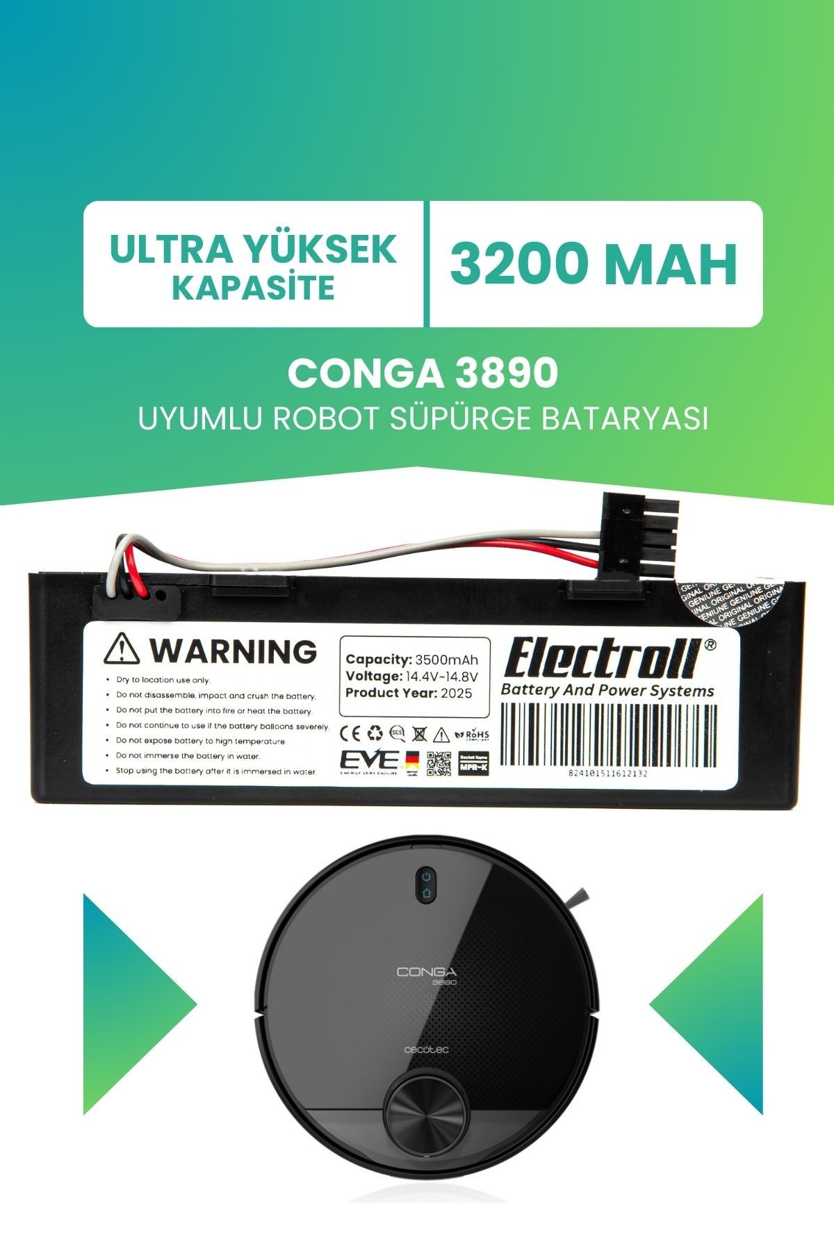 Conga 3890 Uyumlu Batarya (ULTRA YÜKSEK KAPASİTE) 3200mah Kutulu Robot Süpürge Bataryası Değişimi