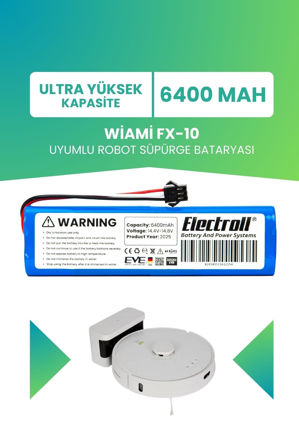 Wiami Fx-10 Uyumlu Batarya (ULTRA YÜKSEK KAPASİTE) 6400mah Pil Robot Süpürge Bataryası Değişimi
