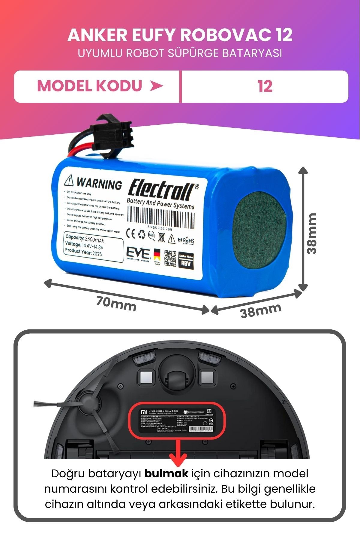 Eufy Robovac 12 Uyumlu Batarya (MAKSİMUM KAPASİTE) 3500mah Pil Robot Süpürge Batarya