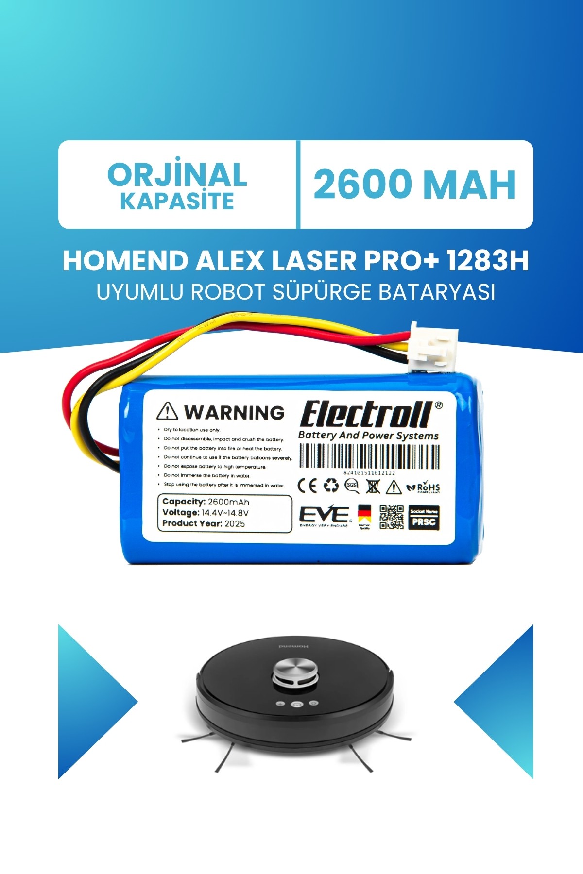 Homend Alex Laser Pro+ 1283H Uyumlu Batarya (STANDART KAPASİTE) 2600mah Pil Robot Süpürge Bataryası