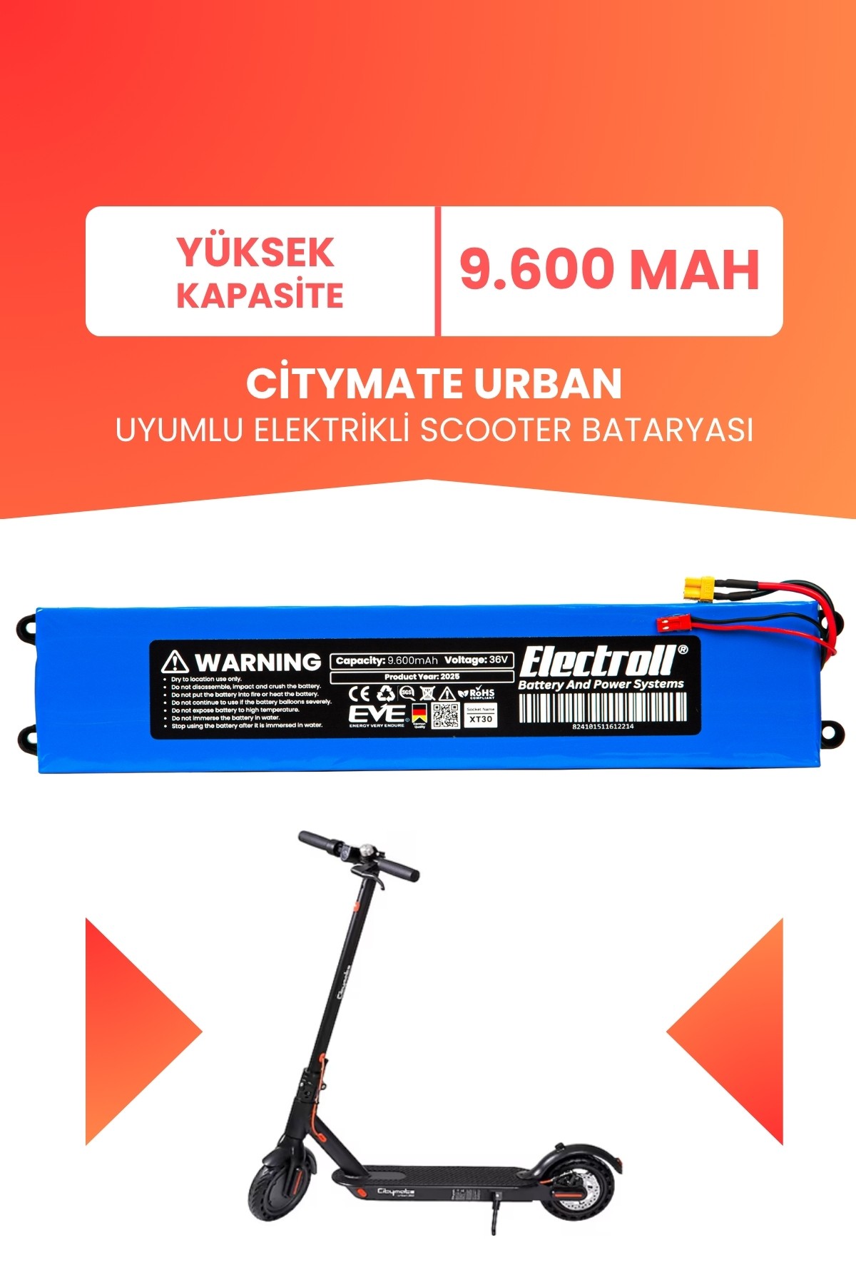 Citymate Urban Uyumlu Batarya (Yüksek Kapasite) 36v 9.600Mah Elektrikli Scooter Bataryası