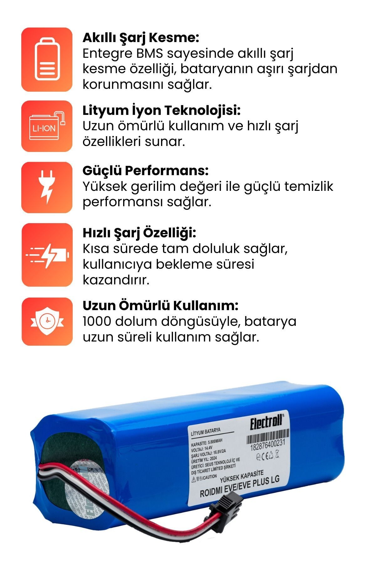 ROIDMI EVE/EVE PLUS ROBOT SÜPÜRGE BATARYASI (LG M29 HÜCRELİ) YÜKSEK KAPASİTE BATARYA