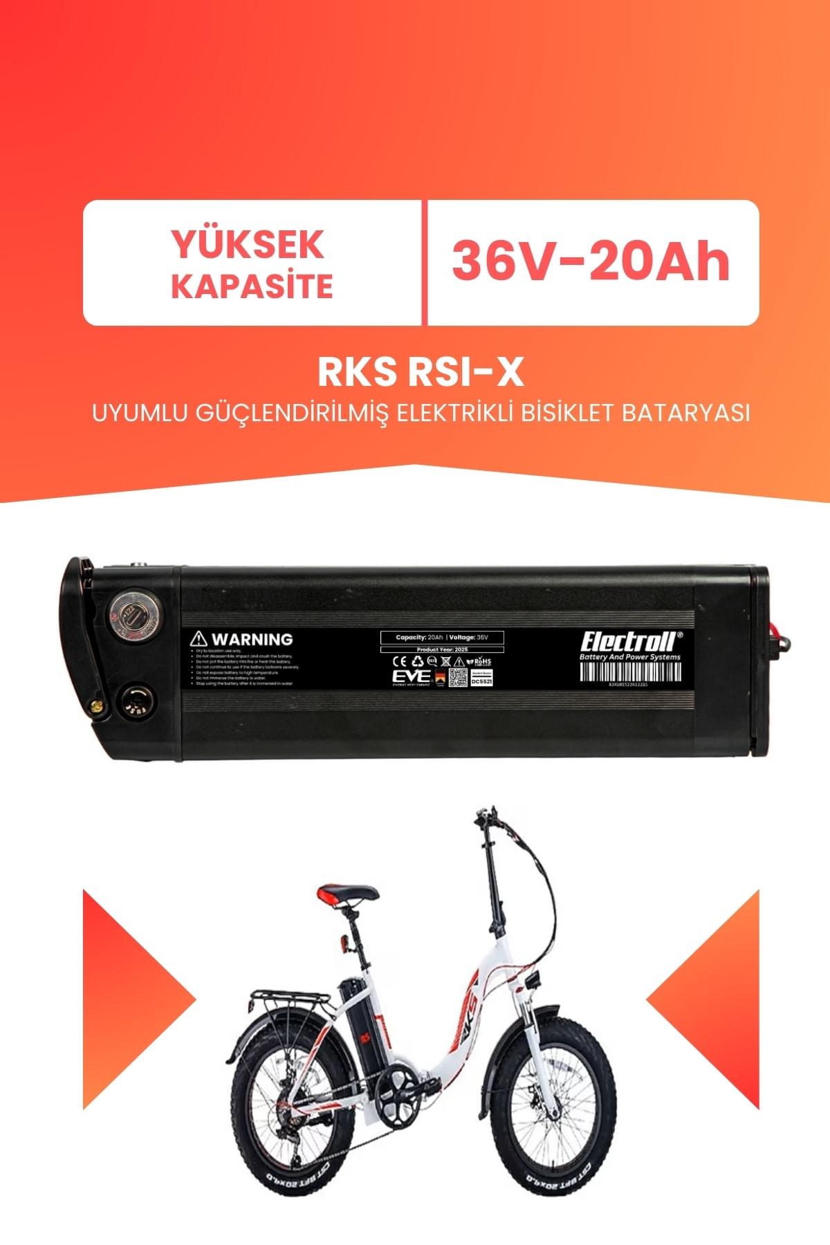 RKS RSI-X Uyumlu 36V 20Ah (Yüksek Kapasite) Güçlendirilmiş Elektrikli Bisiklet Batarya Tamir, Revizyon ve Pil Yenileme