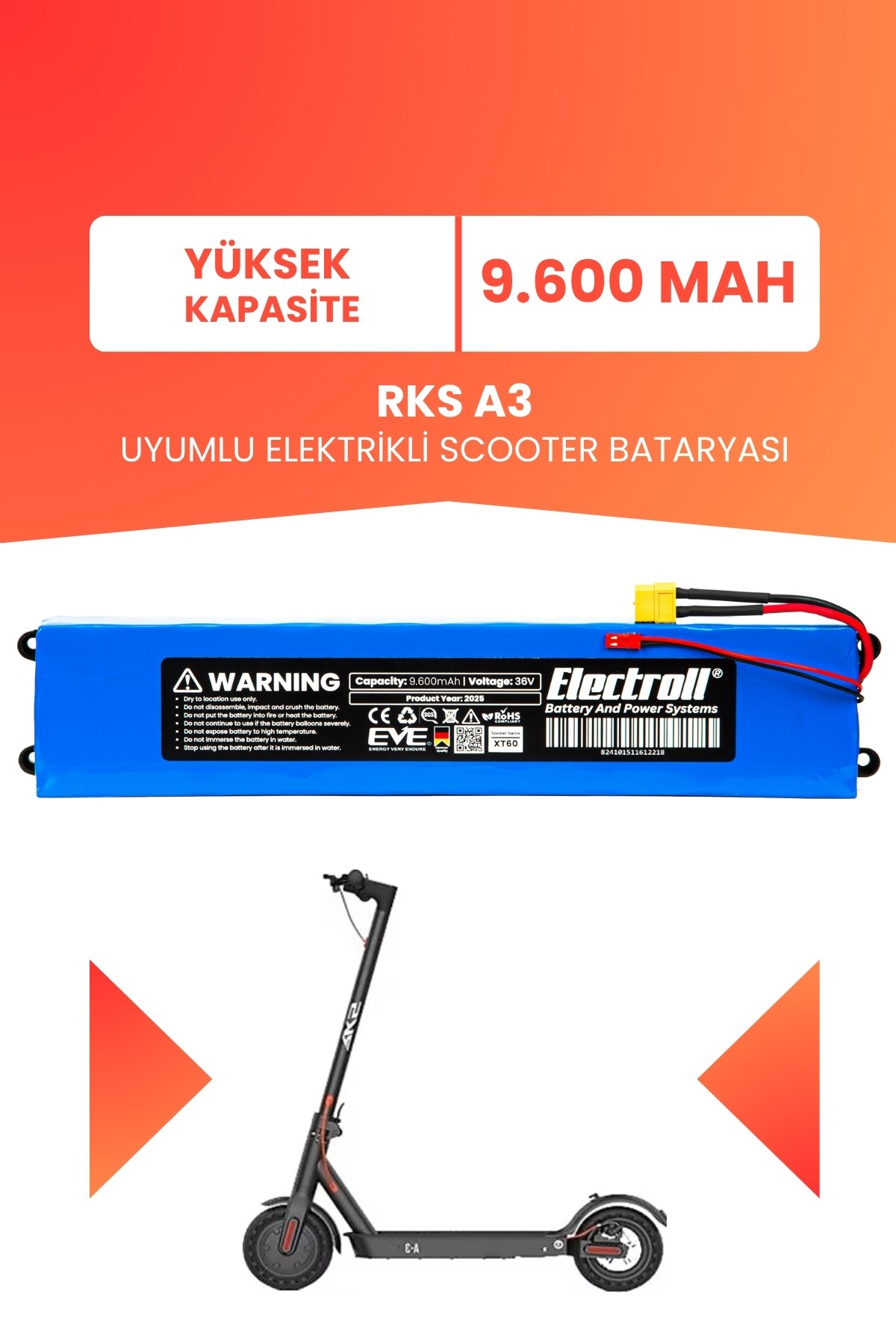 RKS A3 Uyumlu Batarya (Yüksek Kapasite) 36v 9.600Mah Elektrikli Scooter Bataryası