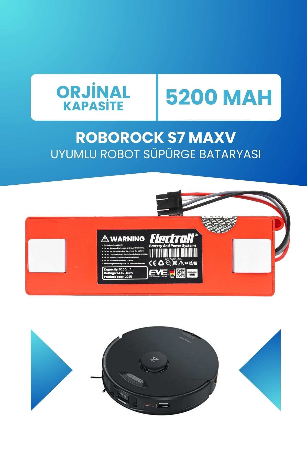Roborock S7 Maxv Uyumlu Batarya (ORJİNAL KAPASİTE) 5200mah Kutulu Robot Süpürge Pil Değişimi