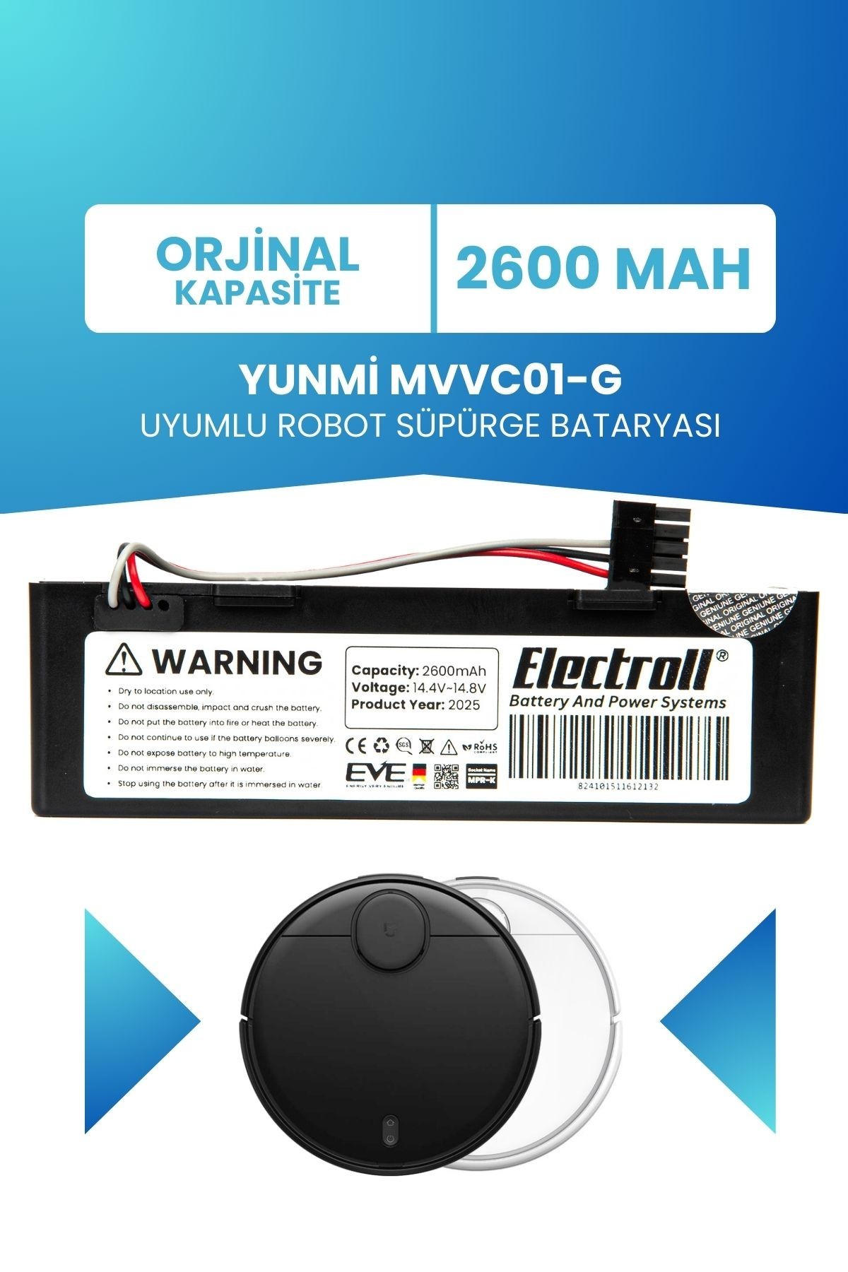 Yunmi Mvvc01-g Uyumlu Batarya (ORJİNAL KAPASİTE) 2600mah Pil Kutulu Robot Süpürge Bataryası Değişimi