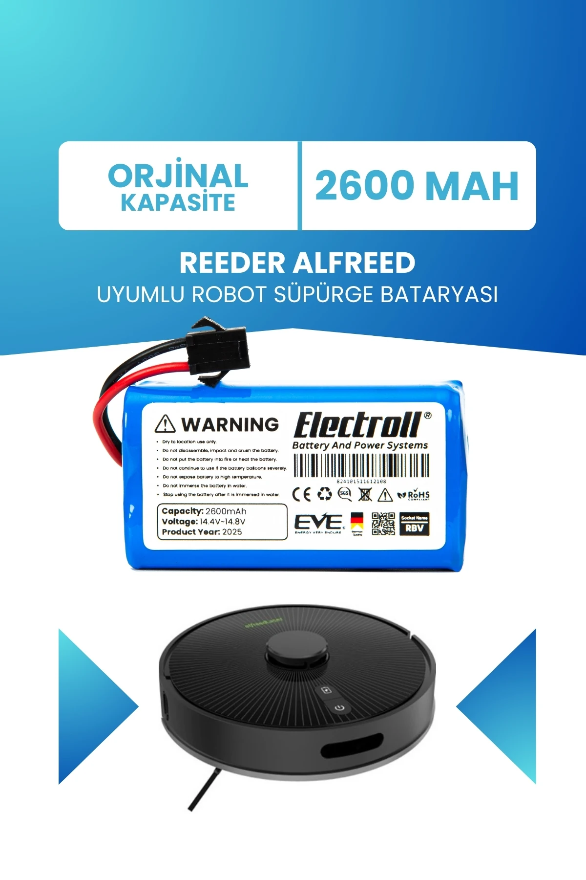 Reeder Alfreed Uyumlu Batarya (STANDAR KAPASİTE) 2600mah Pil Robot Süpürge Batarya Değişimi