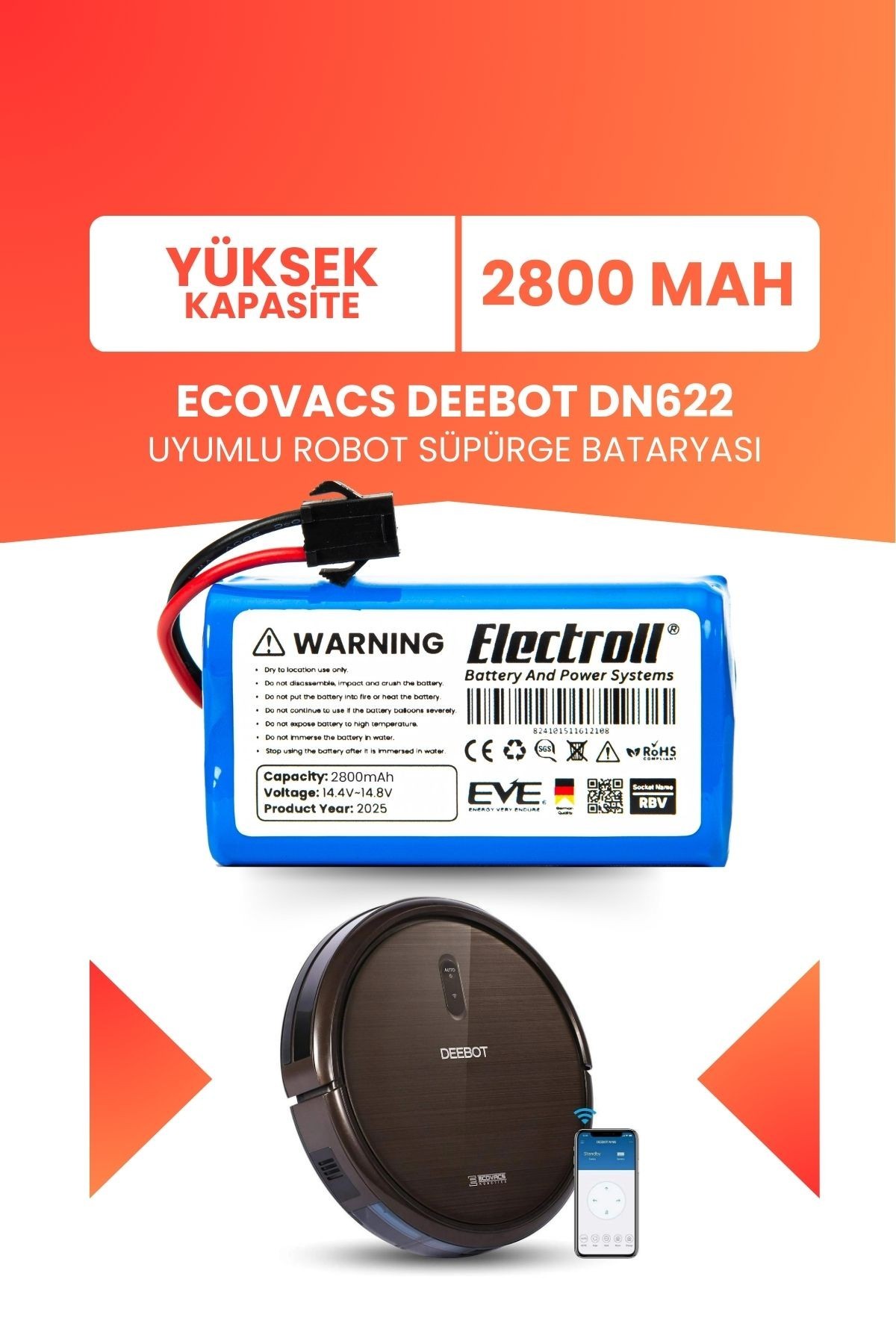 Ecovacs Deebot Dn622 Uyumlu Batarya (YÜKSEK KAPASİTE) 2800mah Pil Robot Süpürge Bataryası