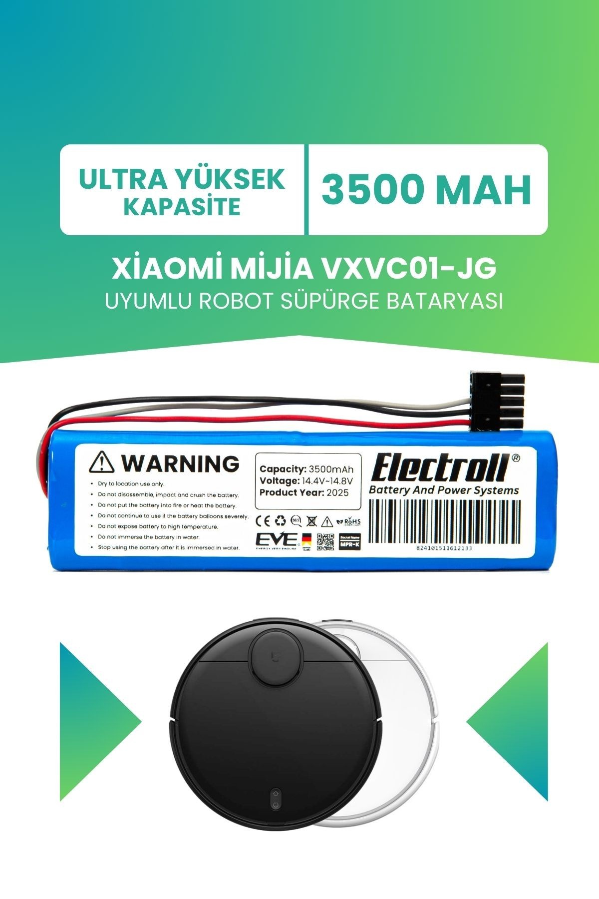 Xiaomi Mijia Vxvc01-jg Uyumlu Batarya (ULTRA YÜKSEK KAPASİTE) 3500mah Pil Robot Süpürge Bataryası