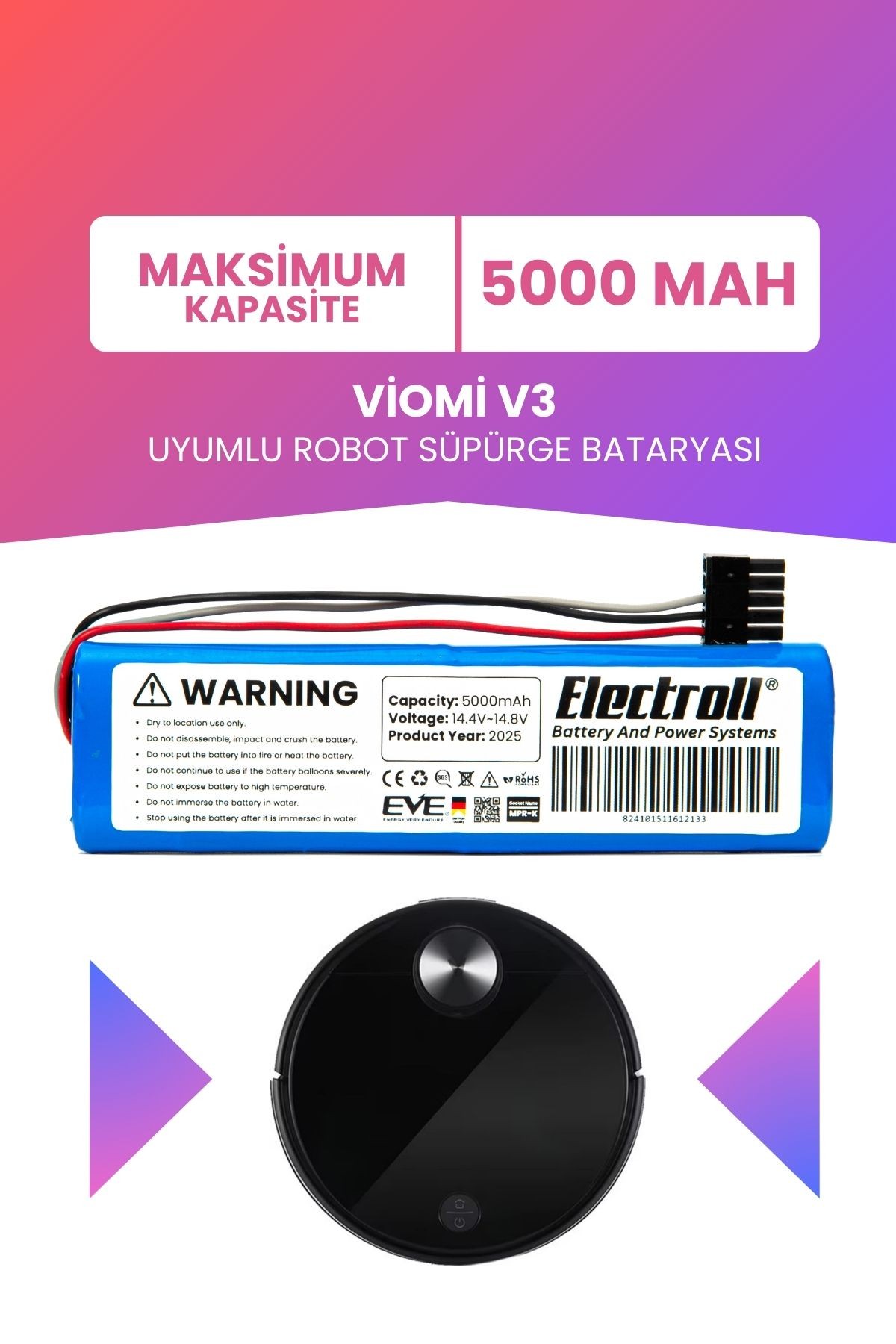 Viomi V3 Uyumlu Batarya (MAKSİMUM KAPASİTE) 5000mah Pil Robot Süpürge Bataryası Değişimi