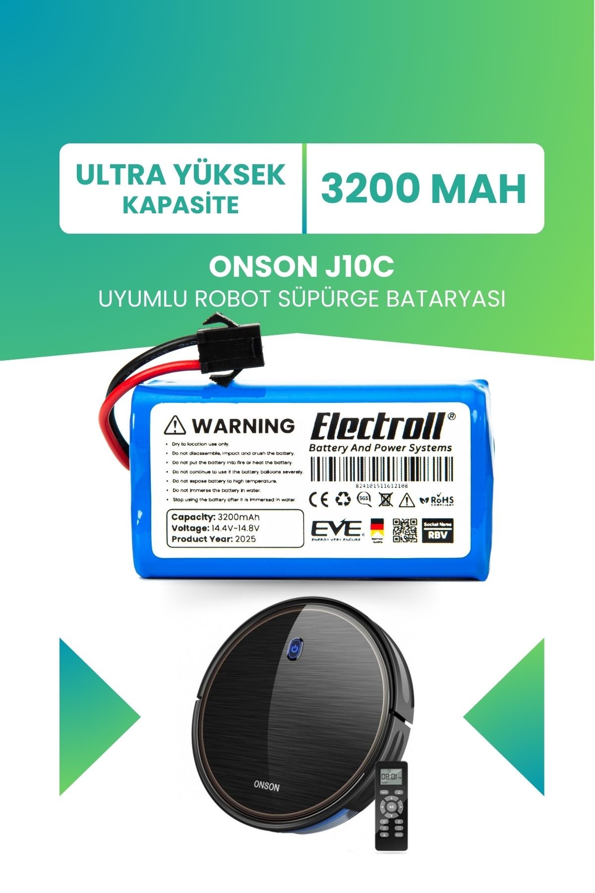 Onson J10c Uyumlu Batarya (ULTRA YÜKSEK KAPASİTE) 3200mah Pil Robot Süpürge Bataryası Değişimi