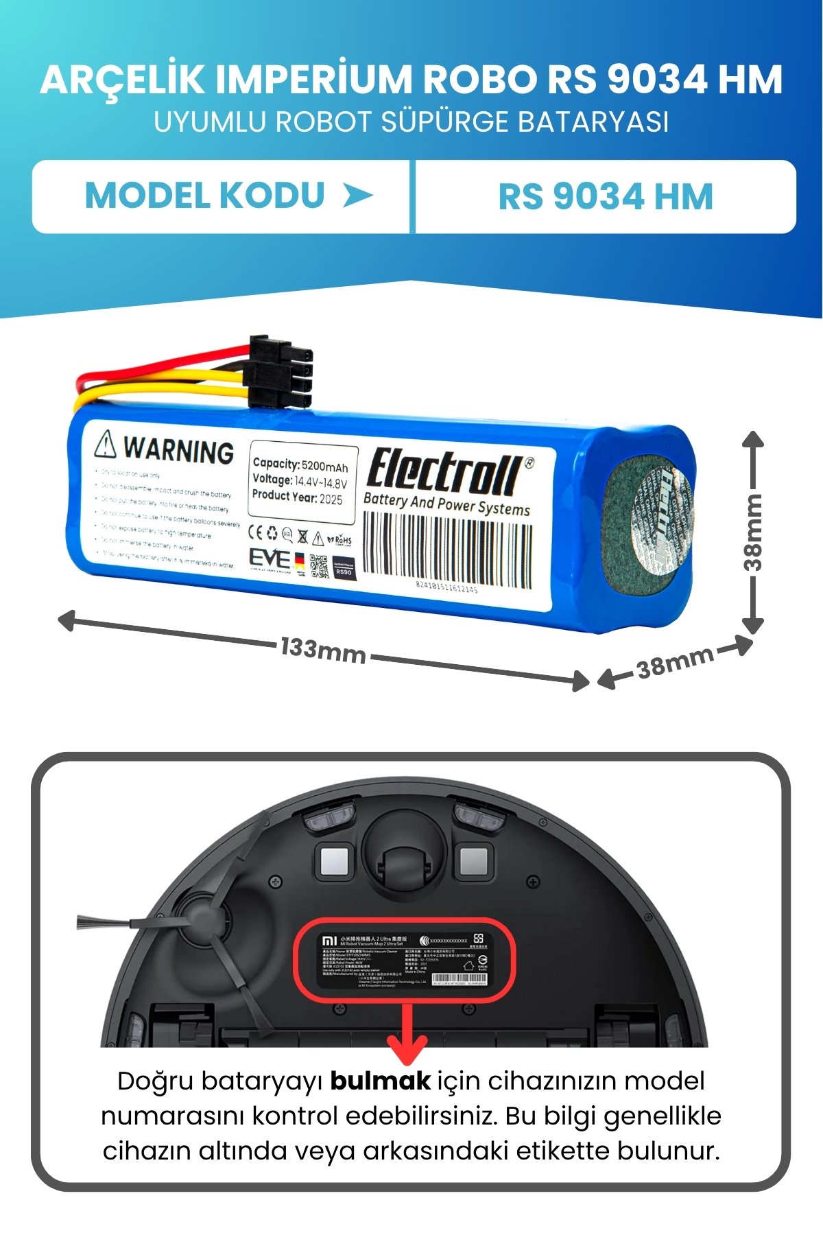 Arçelik Imperium Robo Rs 9034 Hm Uyumlu Batarya (STANDART KAPASİTE) 5200mah Robot Süpürge Bataryası