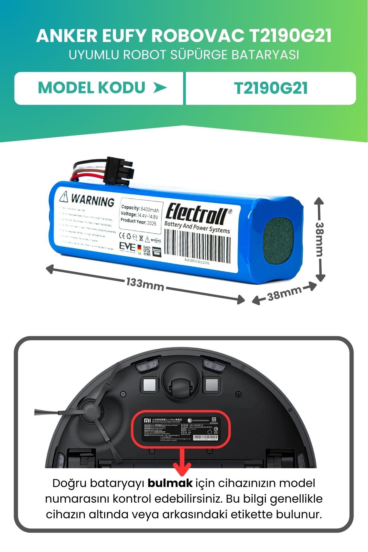 Eufy T2190g21 Uyumlu Batarya (YÜKSEK KAPASİTE) 6400mah Pil Robot Süpürge Batarya Değişimi