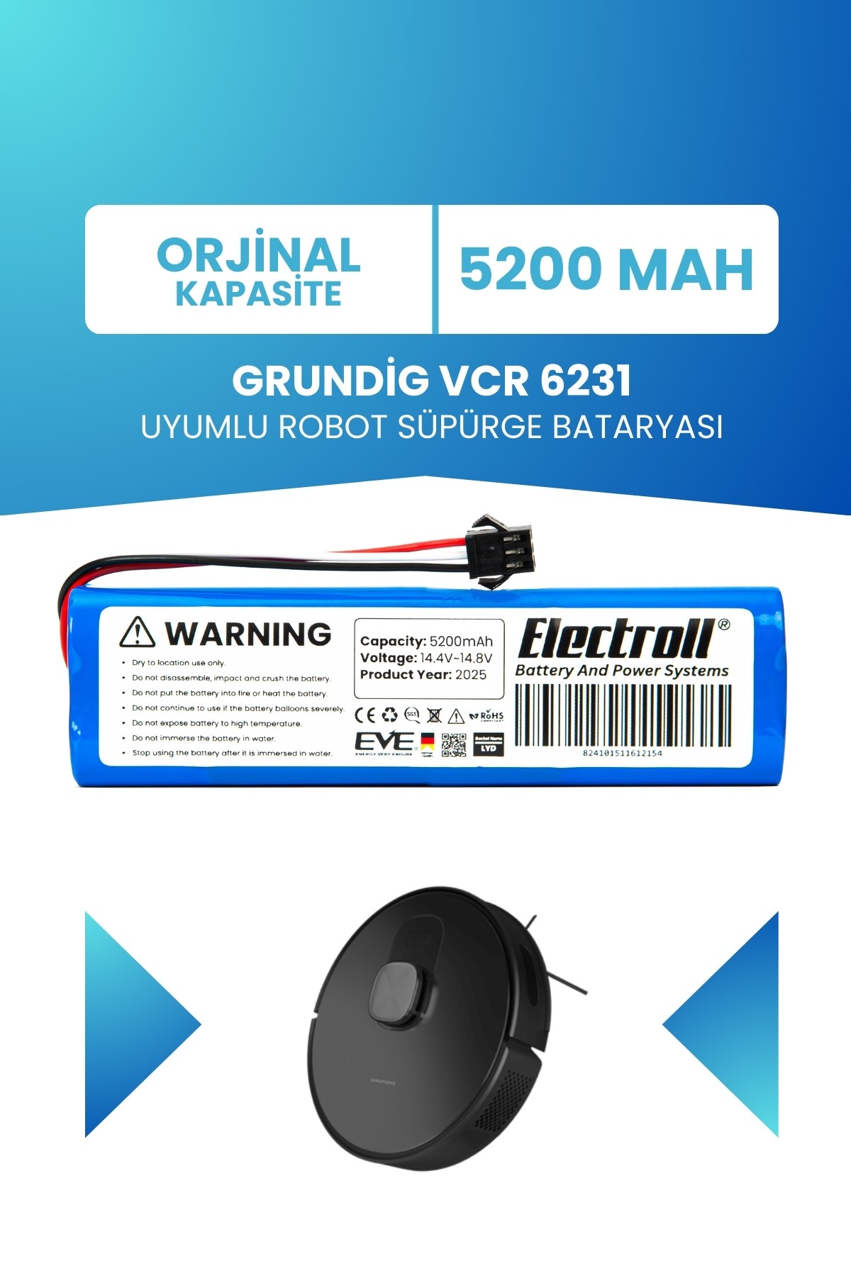 Grundig Vcr 6231 Uyumlu Batarya (STANDART KAPASİTE) 5200mah Robot Süpürge Bataryası