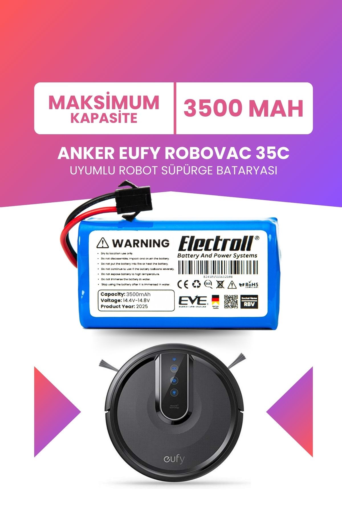 Eufy Robovac 35c Uyumlu Batarya (MAKSİMUM KAPASİTE) 3500mah Robot Süpürge Batarya T2117G11