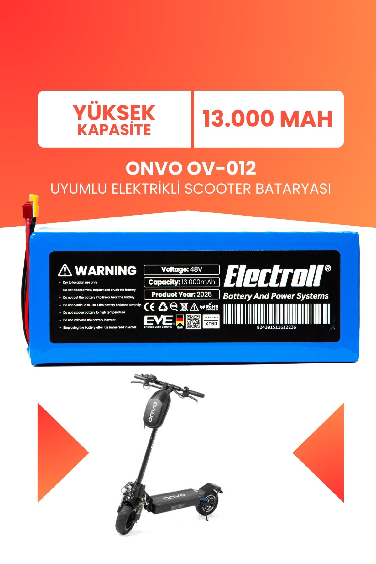 ONVO OV-012 (Yüksek Kapasite) Batarya 48v 13ah Pil Elektrikli Scooter Bataryası