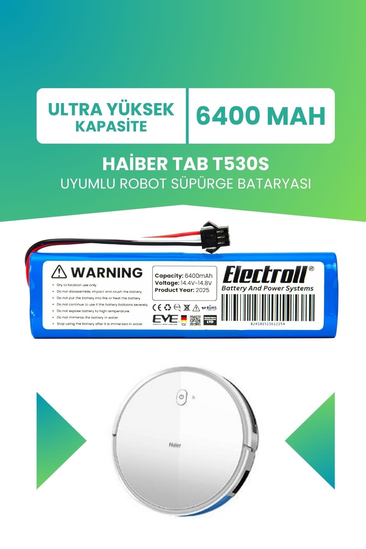 Haiber Tab T530s Uyumlu Batarya (ULTRA YÜKSEK KAPASİTE) 6400mah Pil Robot Süpürge Bataryası Değişimi