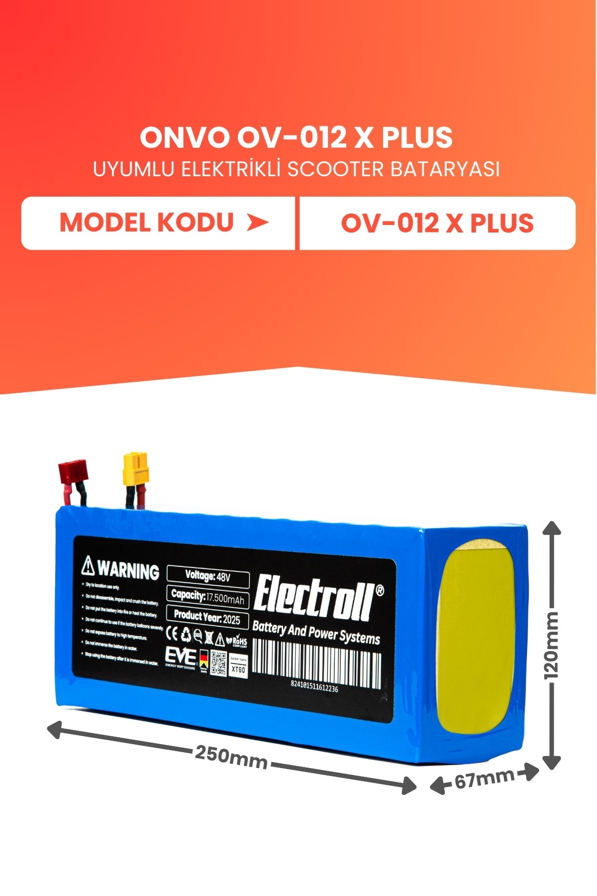 Onvo Ov-012 X Plus (YÜKSEK KAPASİTE) Batarya 48v 17.5ah Pil Elektrikli Scooter Bataryası