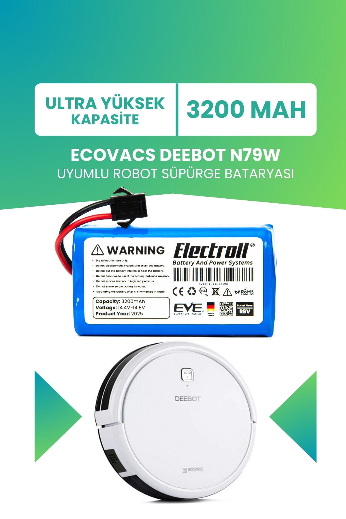 Ecovacs Deebot N79w Uyumlu Batarya (ULTRA YÜKSEK KAPASİTE) 3200mah Robot Süpürge Bataryası