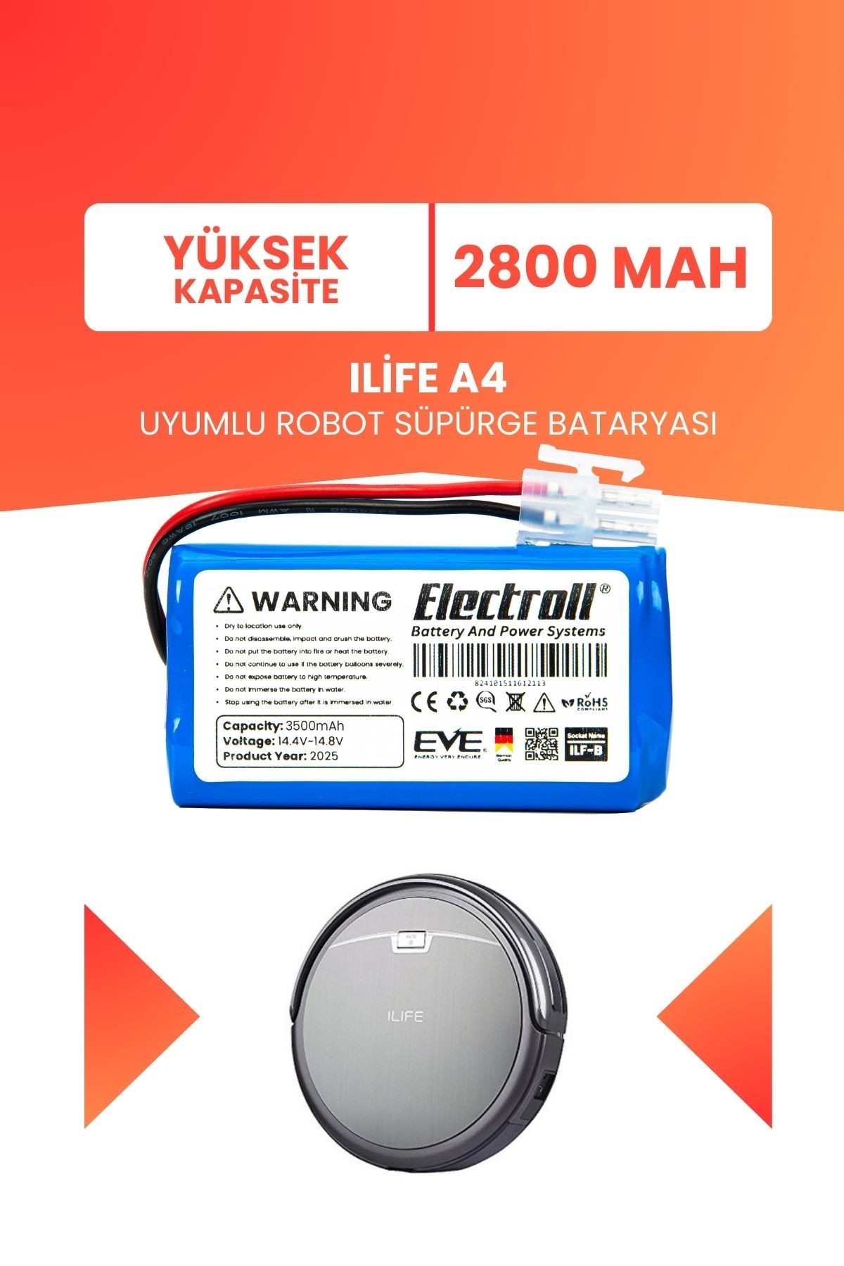 Ilife A4 Uyumlu Batarya (YÜKSEK KAPASİTE) 2800mah Robot Süpürge Bataryası Değişimi