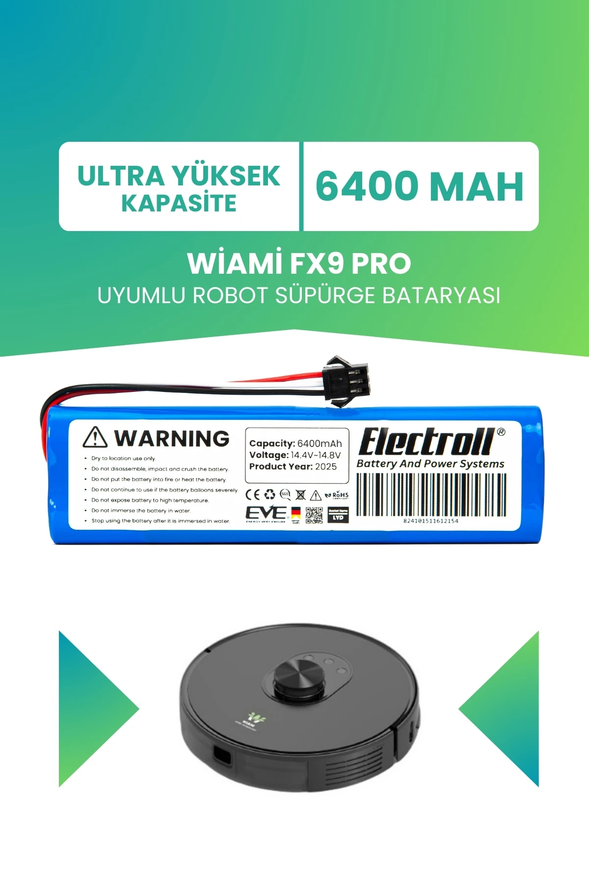 Wiami Fx9 Pro Uyumlu Batarya (ULTRA YÜKSEK KAPASİTE) 6400mah Pil Robot Süpürge Bataryası Değişimi