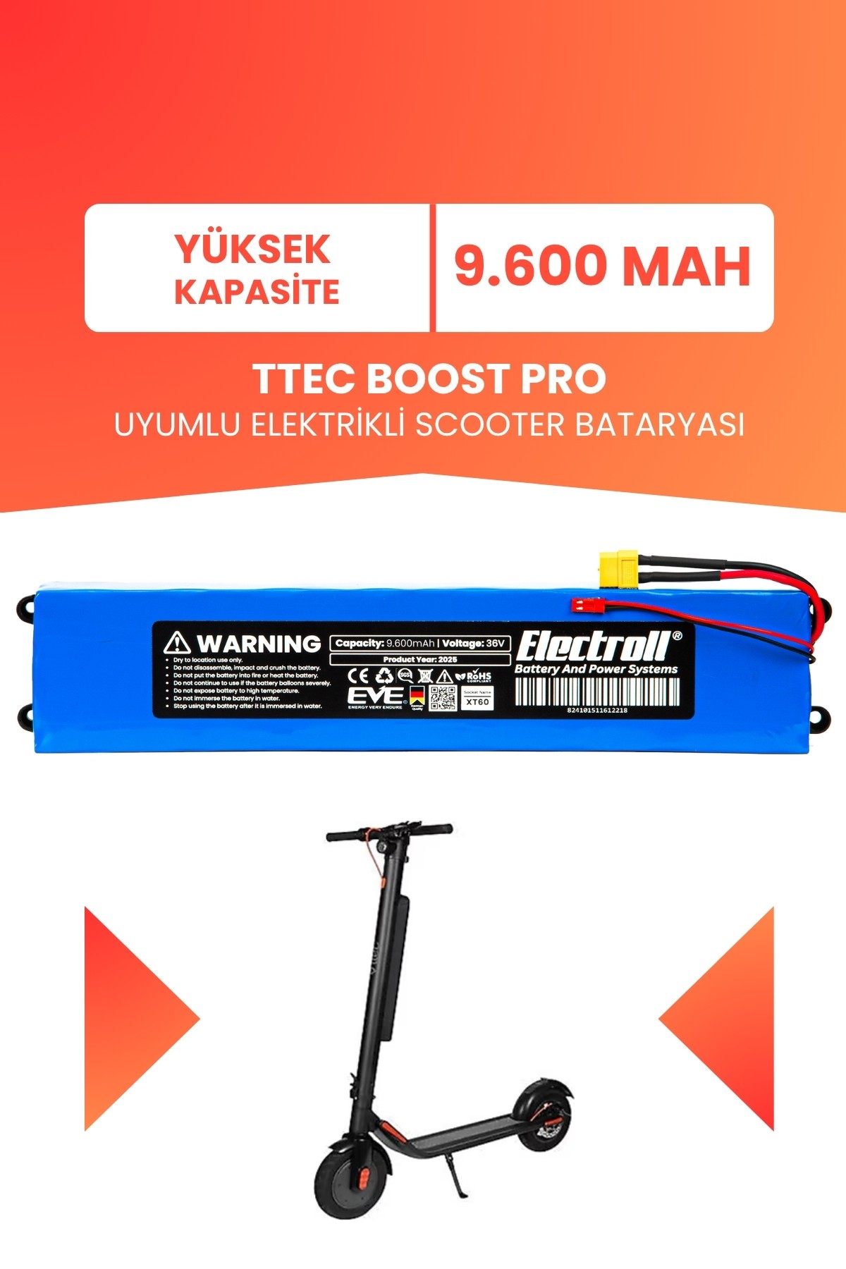 Ttec Boost Pro Uyumlu Batarya (Yüksek Kapasite) 36v 9.600Mah Elektrikli Scooter Bataryası