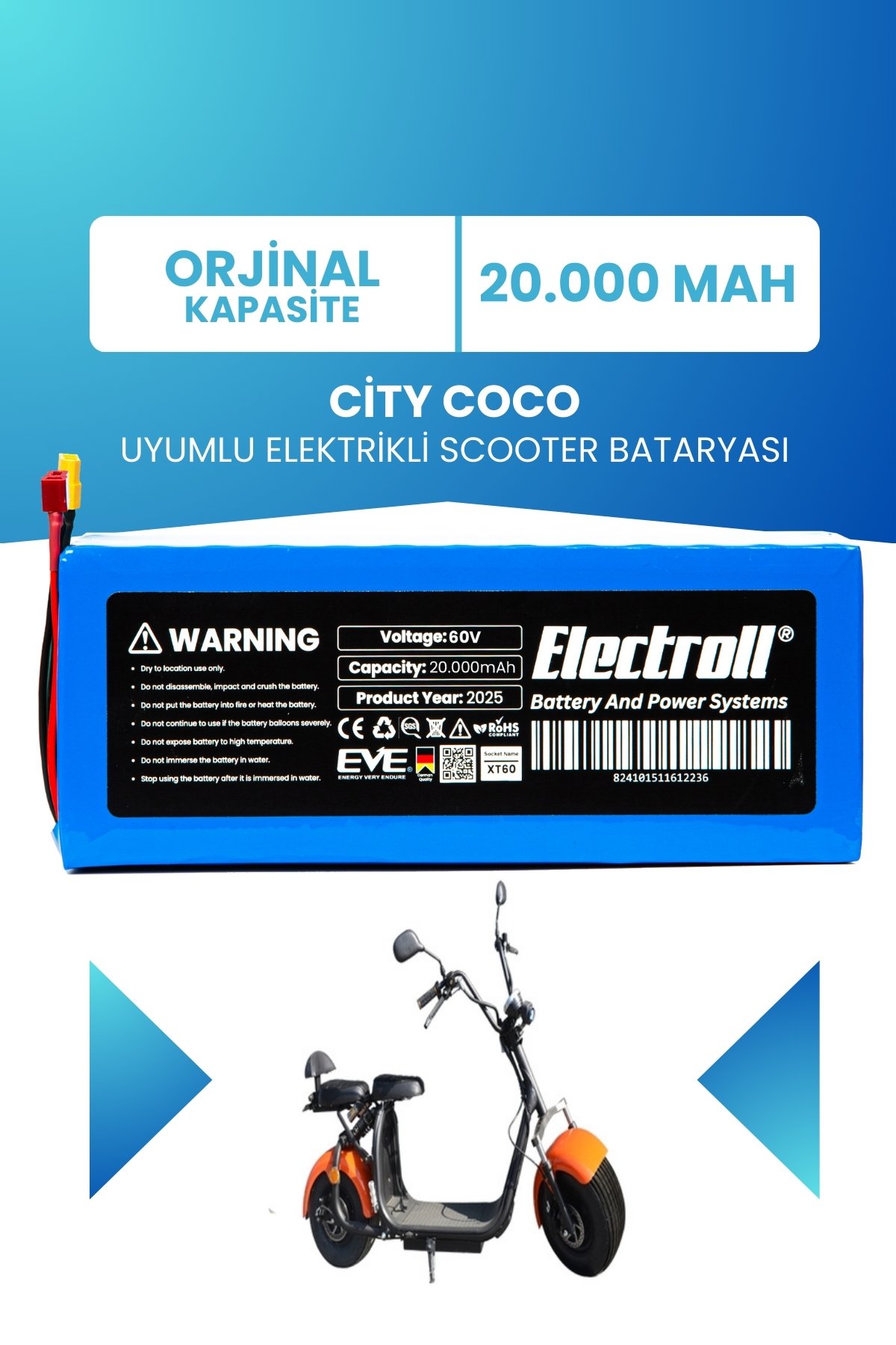 City Coco Scooter Batarya Lityum 60V 20AH Elektrikli Scooter Bataryası