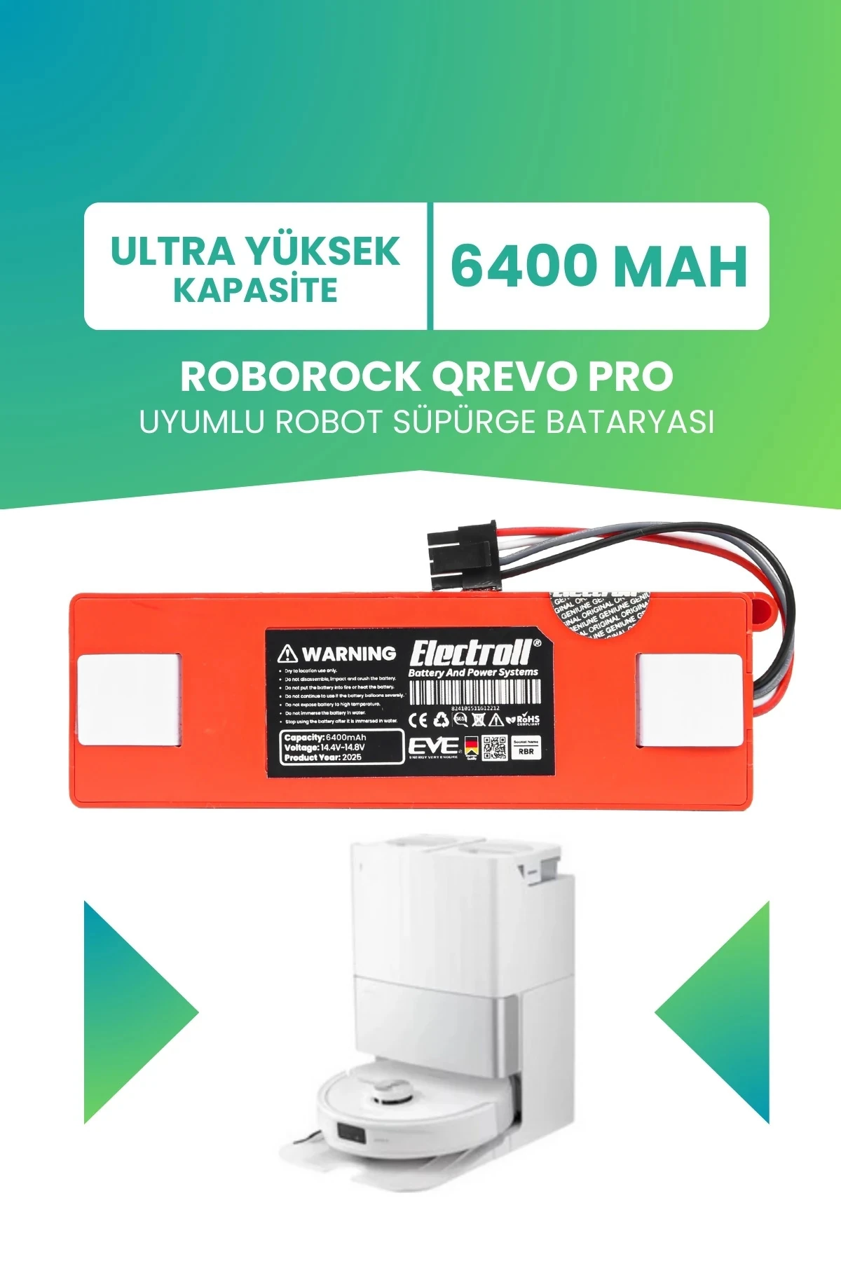 ROBOROCK QREVO PRO Uyumlu Batarya (Ultra yüksek Kapasite) 6400MAH Pil Robot Süpürge Batarya Değişimi