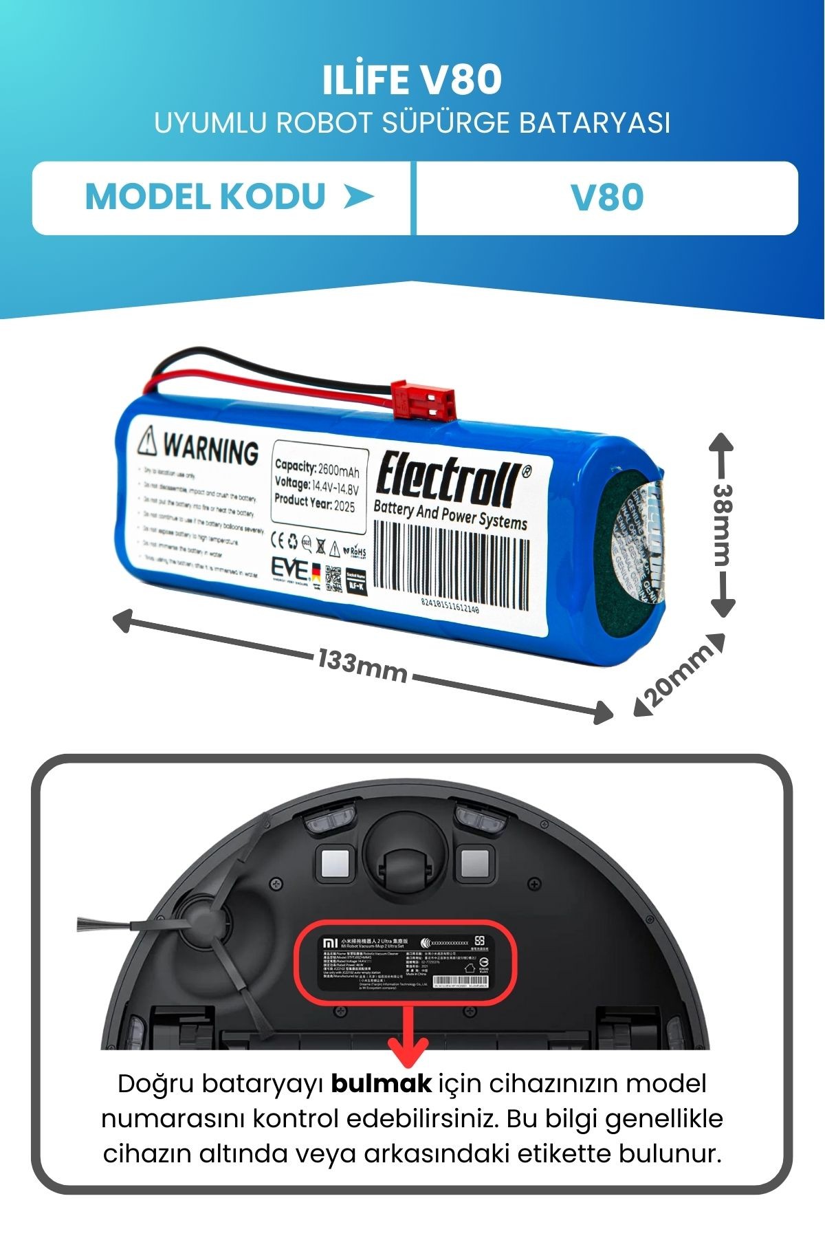Ilife V80 Uyumlu Batarya (Orjinal Kapasite) 2600MAH Pil Robot Süpürge Batarya Değişimi