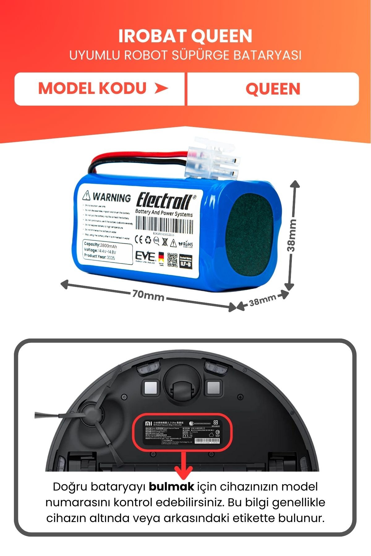 Irobat Queen Uyumlu Batarya (YÜKSEK KAPASİTE) 2800mah Pil Robot Süpürge Batarya Değişimi